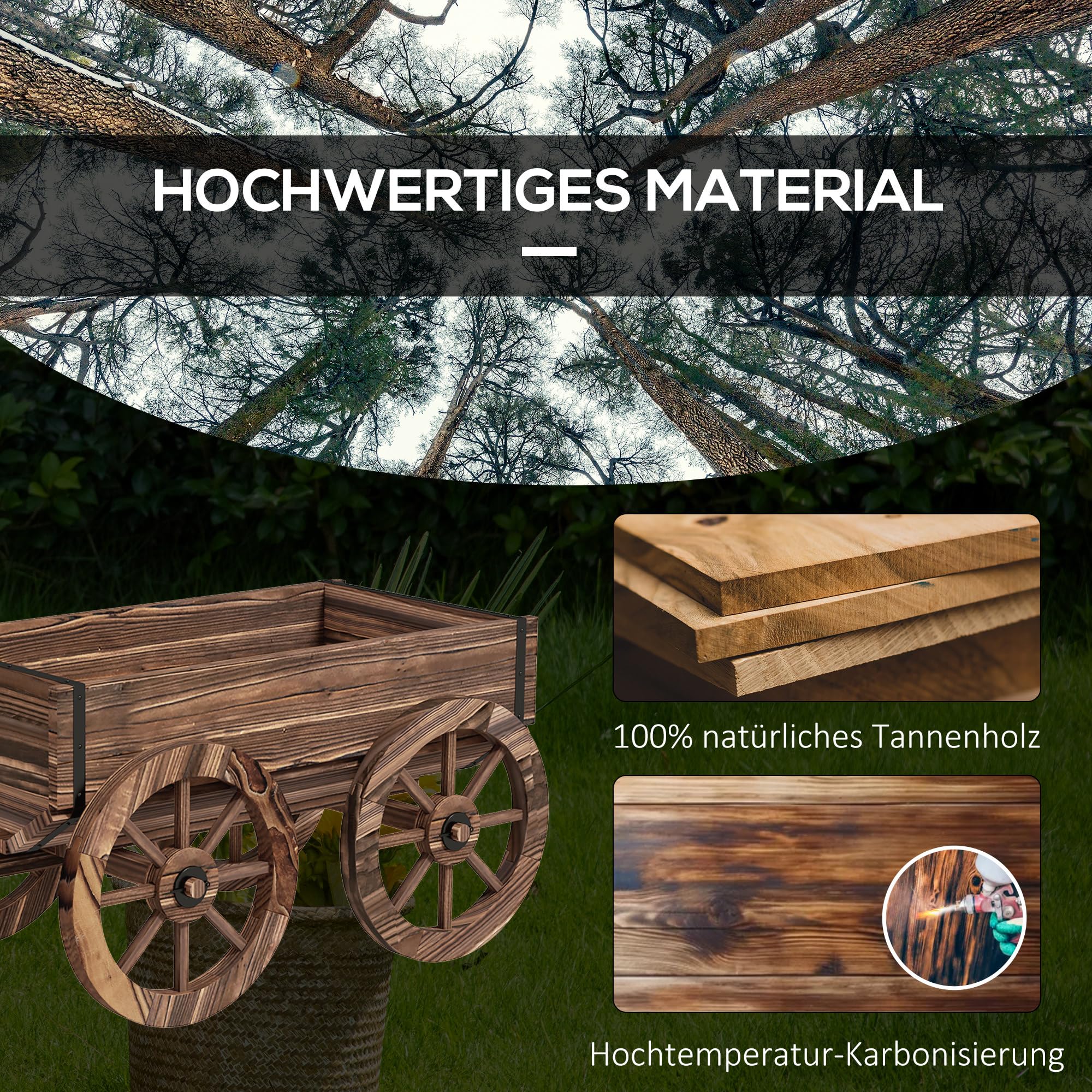 Outsunny Blumenkasten im Holzwagen-Design, Verkohlt, 120 x 41 x 54 cm