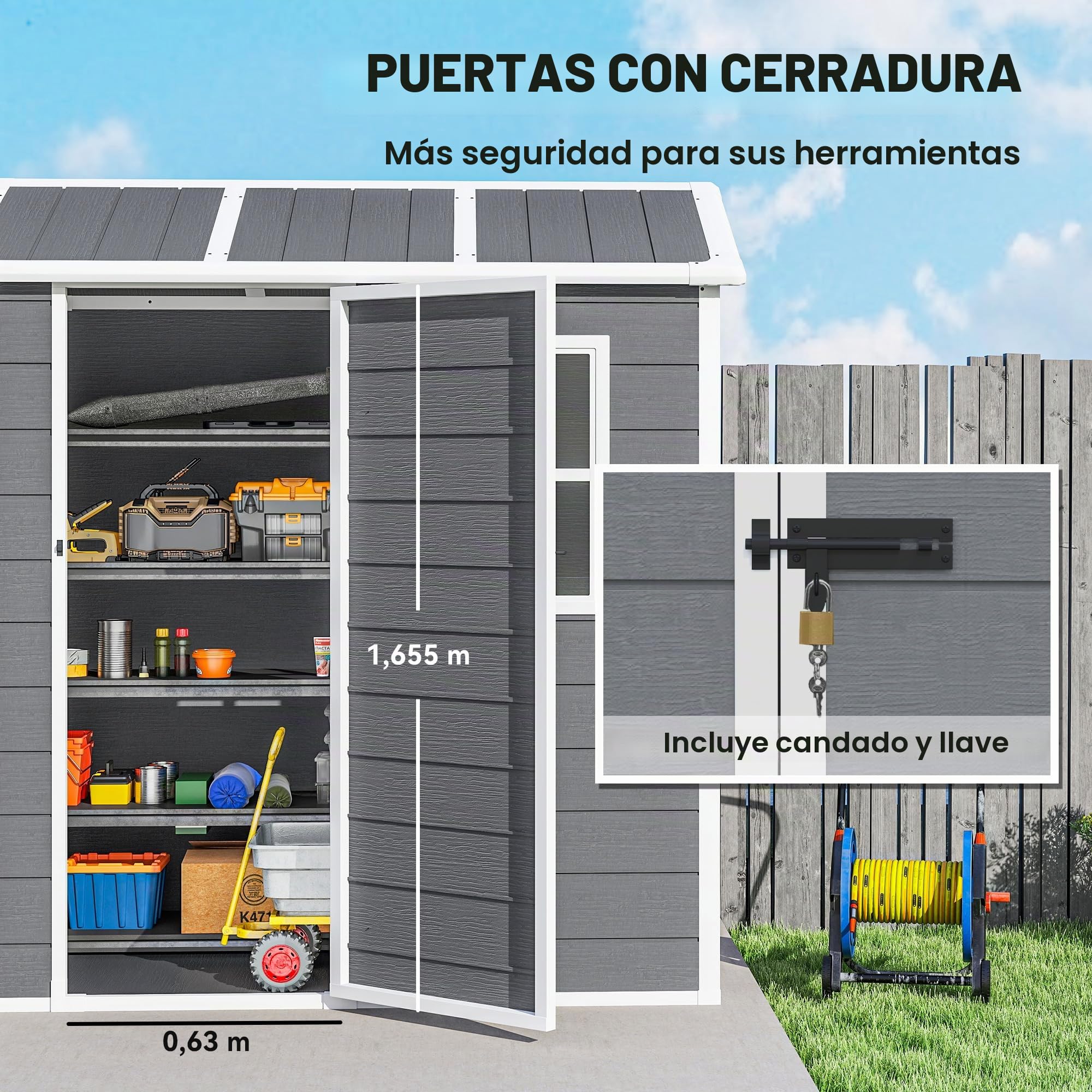 Outsunny caseta de jardín de plástico 2.1m² 186 x 130 x 199cm caseta de Herramientas con tejado a Dos Aguas Suelo Ventana Puerta con Cerradura caseta de jardín Resistente a la Intemperie caseta de