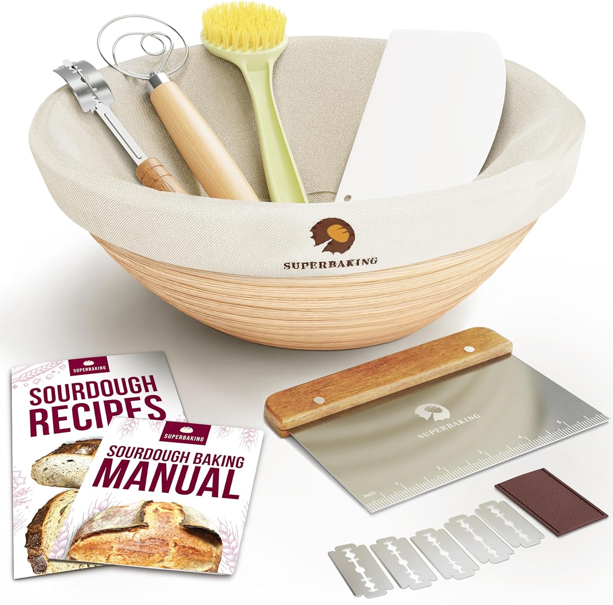 Superbaking Banneton Bread Proofing Basket, 9" Round, Sourdough Kit | Splinter-Free, Non-Stick Liner, Dough Whisk, Scoring Lame & Scrapers, Sourdough Bread Baking Supplies & Tools, Gift Set