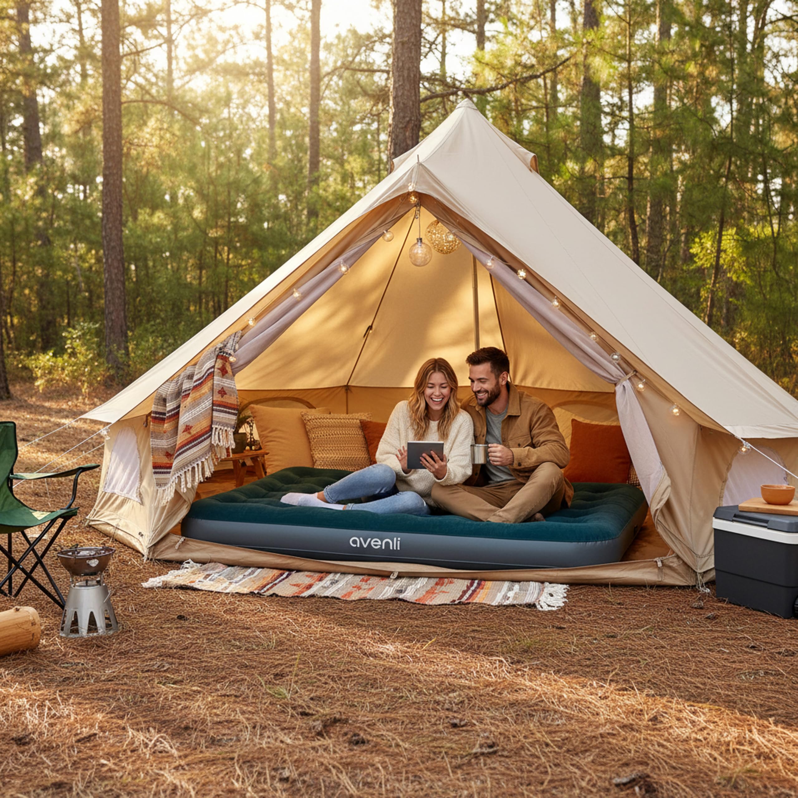 AVENLI Luftmatratze Camping Queen-Size 203x152x22 cm, Gästebett 2 Personen, integrierte Fußpumpe, CloudCoil, beflockt, bis 300 kg, grün/grau
