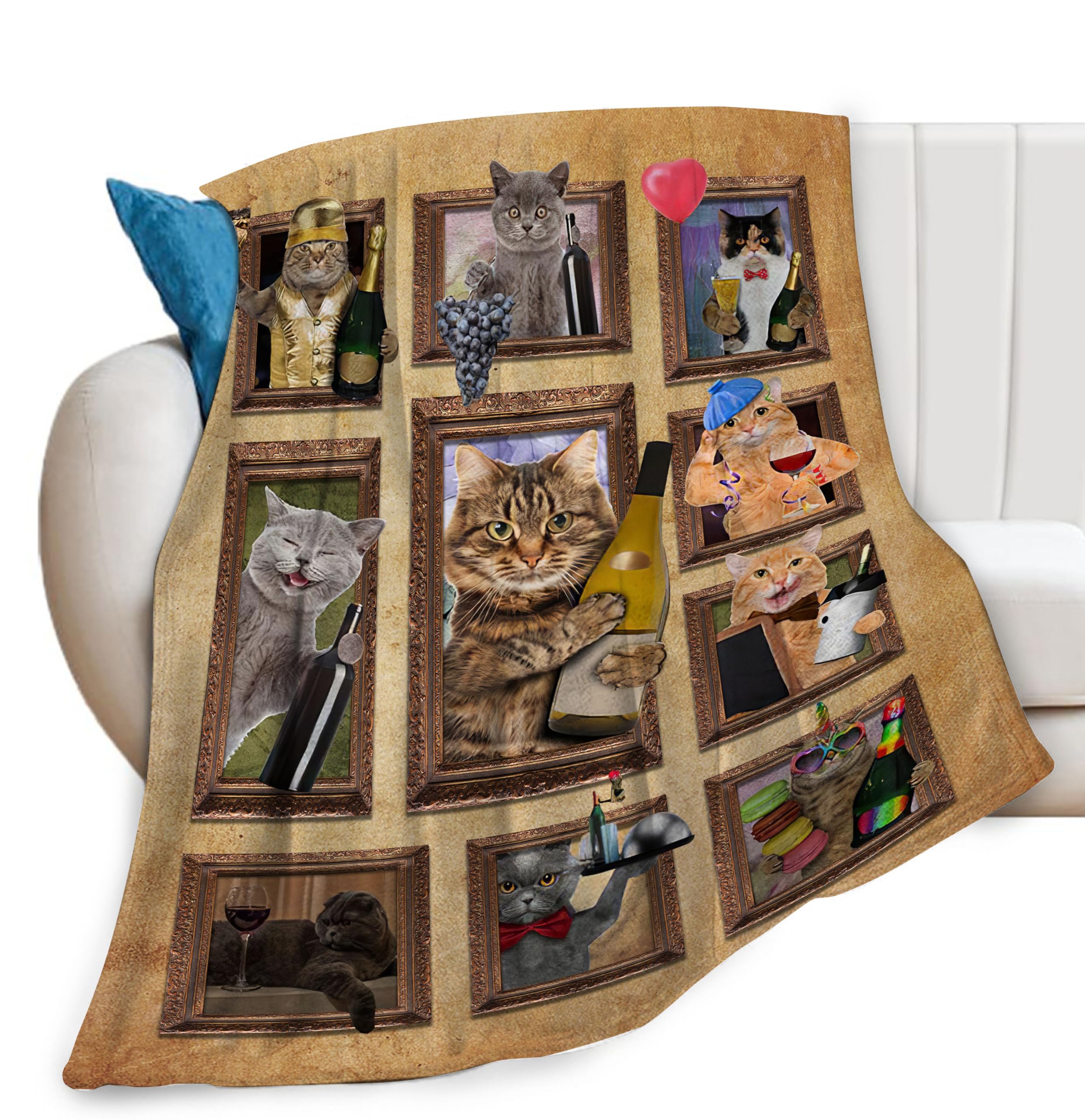 Cat Wine Blanket Funny Cute Animal Print Throw Blankets for Couch Sofa Bed Stuff Decor Lightweight Soft Cozy Fleece Plush Warm Flannel Bedding Gifts for Girls Boys Kids Men Women Adults Lover 40"x50"