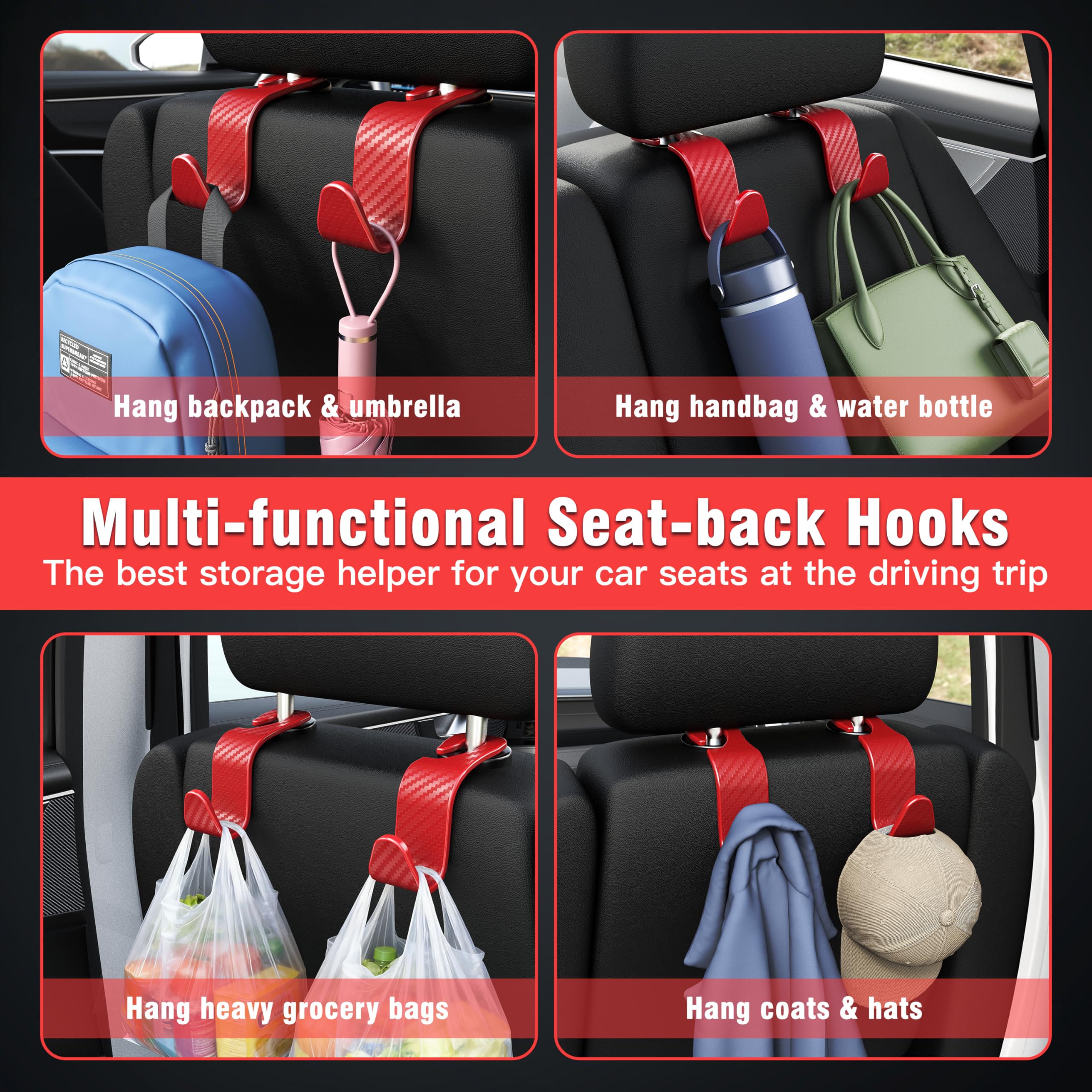 4-Pack Car Headrest Hooks Holds 55lbs Seat Storage Organizer for Bags view 4