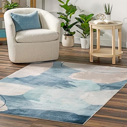 Miniatura 8 de nuLOOM Sheree - Alfombra abstracta de 4 x 6 pies, lavable a máquina, para sala de estar, dormitorio, comedor, cocina, color azulblanco roto