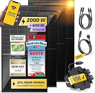 Solakon Balkonkraftwerk 2000W komplett Steckdose - Balkonkraftwerk 2000 Watt neuester Wechselrichter 800W - Solaranlage Komplettset mit 4x500W Solarpanel/Solar Panels mit 10m Kabel