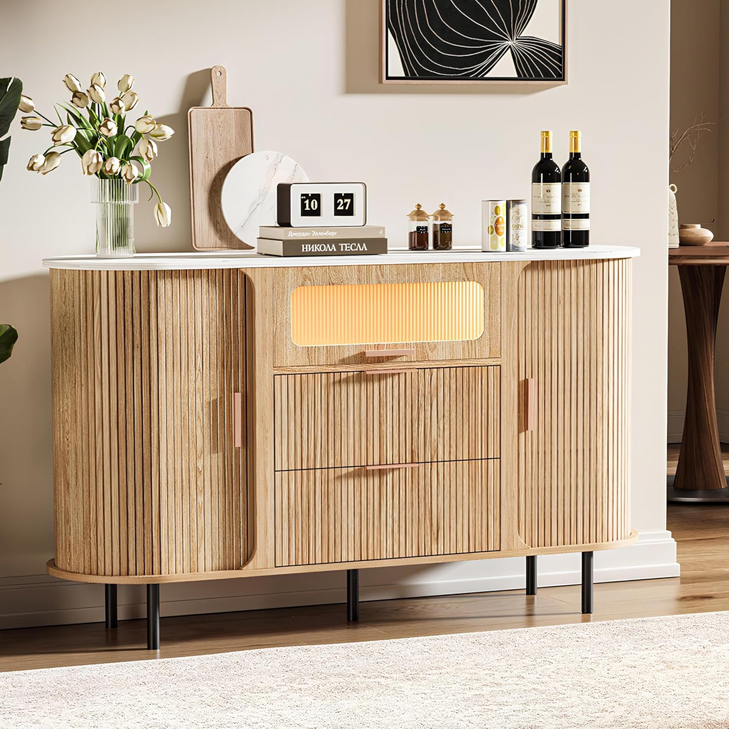 54" Fluted Sideboard Buffet Cabinet with Storage, Mid Century Coffee Bar with LED Light & Slide Doors, 2 Drawers, Modern Storage Cabinet for Kitchen, Living Room, Faux White Marble Top, Oak