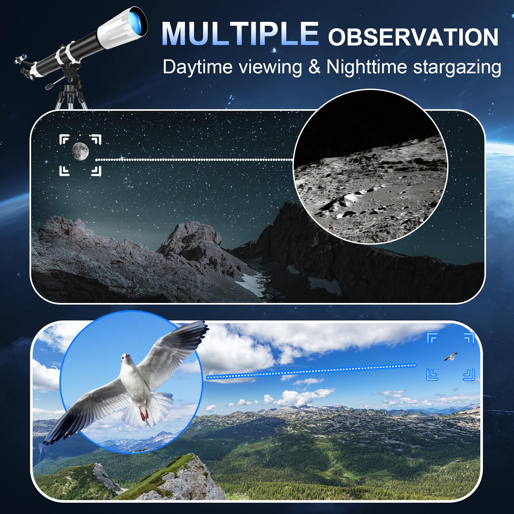 Teleskop, 90mm Öffnung 900mm Refraktor Teleskop Astronomie für Erwachsene, 36X-270X hohe Vergrößerung, Professionelle Teleskope für Anfänger, Stativ, Telefonhalterung und tragbare Tragetasche