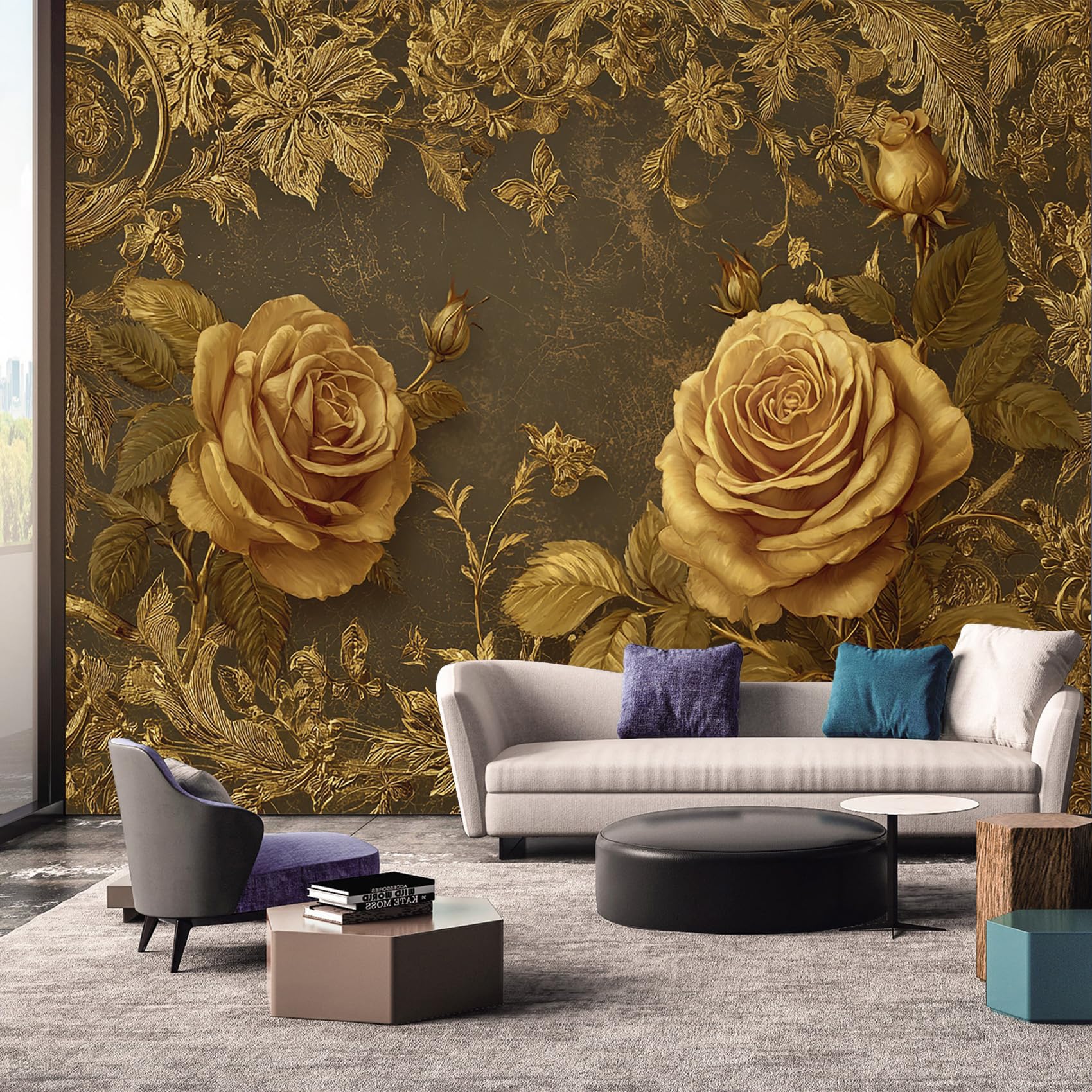Gold Rose Wallpaper - Vintage Floral Antique Wall Mural - Wall Murals for Living Room Bedroom - Photo Wallpaper & Home Decor Art - 450 x 315 cm A-5063