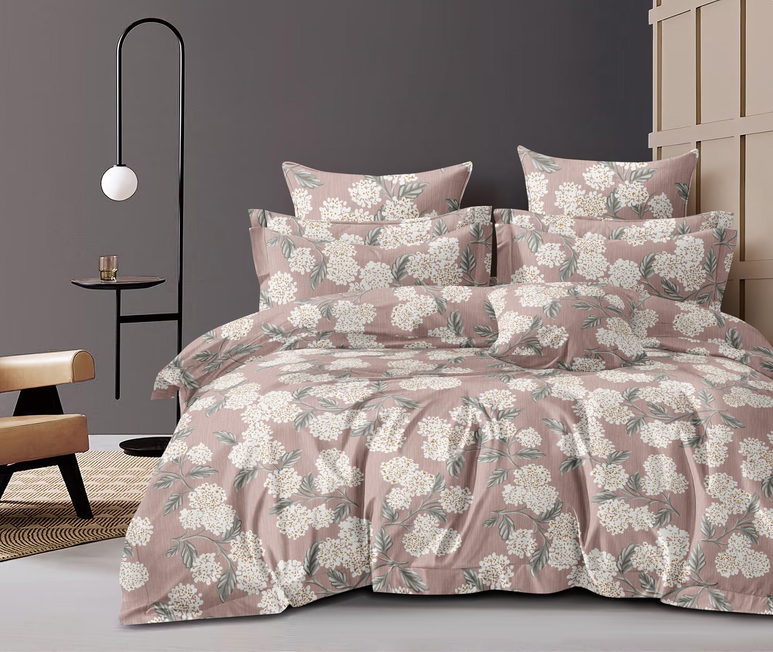 THE HOME STYLE Super Soft Glace Cotton Floral King Size AC Comforter II Blanket II Duvet With 1 King Size Elastic Fitted Bedsheet 72"X78" Inch And 2 Piiiow Cover, 350TC (Pack Of 4, Amber Blossom)