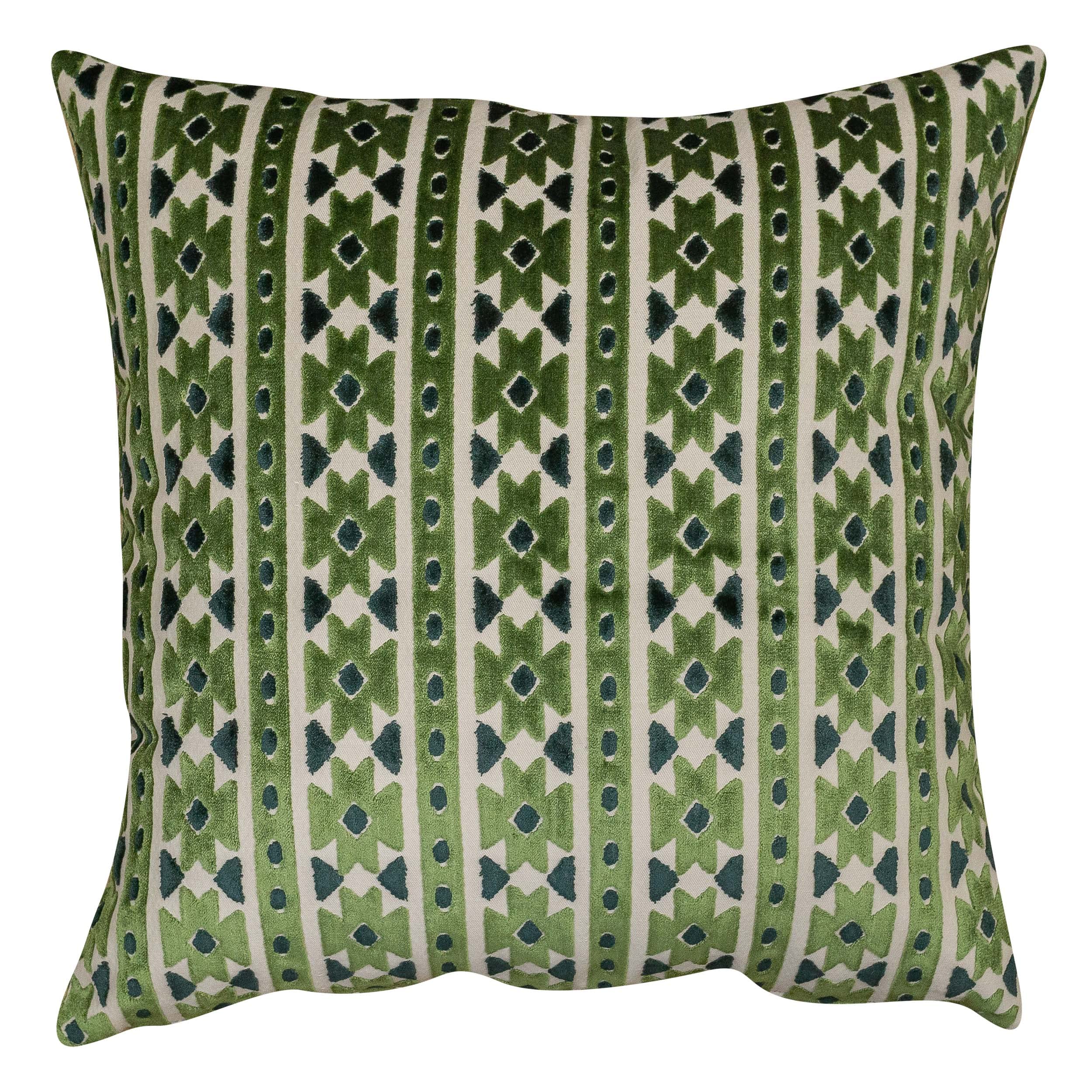 Linen Loft Kashan Geometric Cut Velvet Extra-Large Cushion Cover. Emerald Green and Natural Beige Triangular Geometric Pattern. 23x23 XL Square, Cushion Cover Only