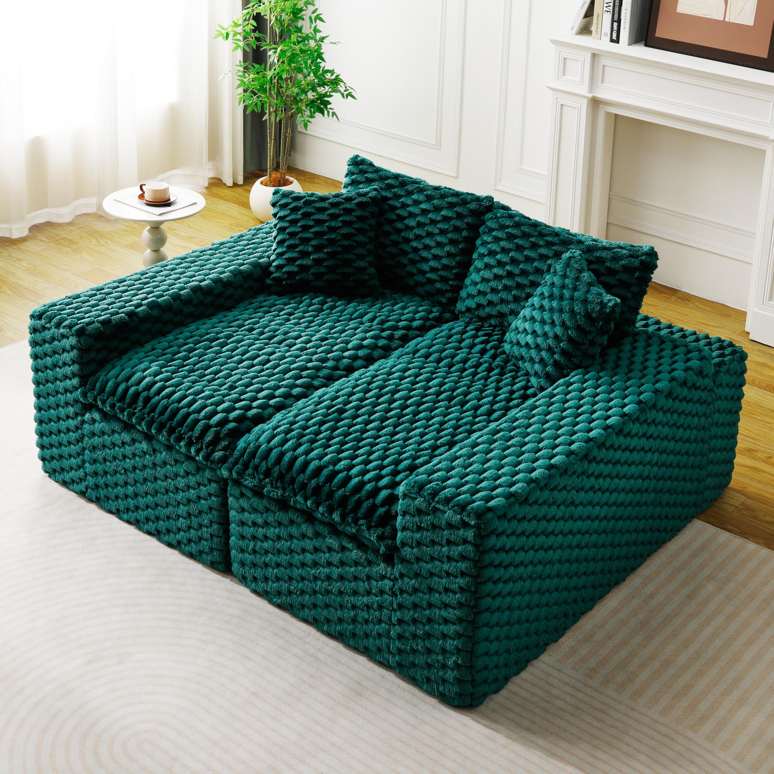 KEIKI 120" Modular Boneless Couch Full Chaise for Apartment, 4-Seater Sectional Couches for Living Room Furniture, Deep Seat Oversized Plush Sofa Bed for Family Room Studio Pet Friendly, Green