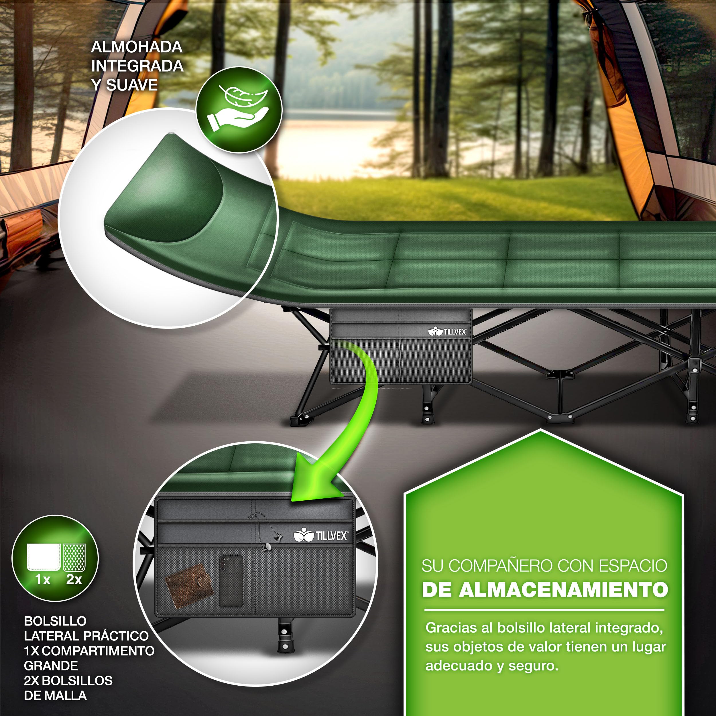 tillvex® Cama de camping plegable con bolsa de transporte de hasta 200 kg | Tumbona de camping extra ancha | Cama plegable para exteriores e interiores | Cama plegable para invitados para jardín,