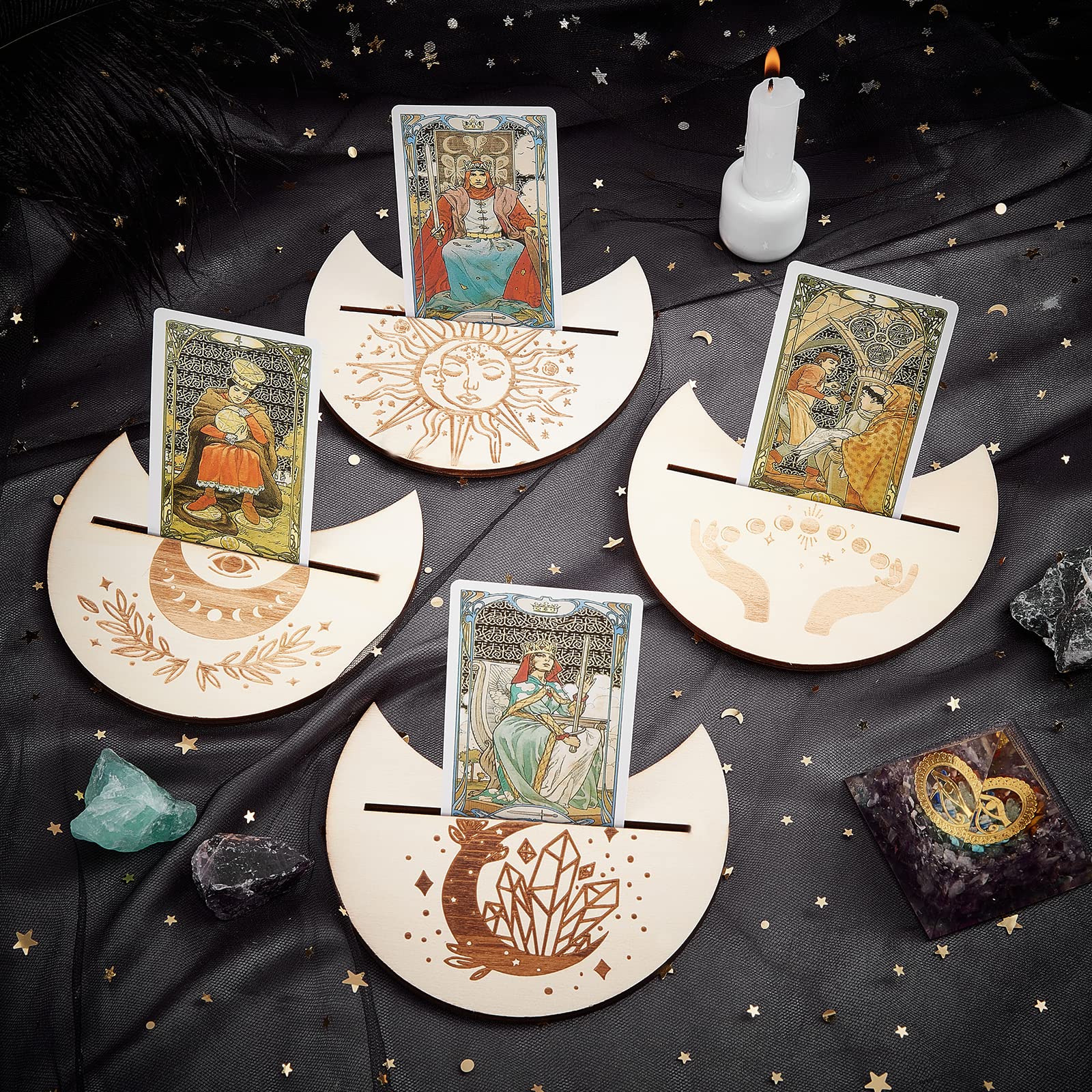 GORGECRAFT Tarotkarten-Ständer Aus Holz – Schwarzer Halbmond Mit Lasergravur, Für Altar-Display & Wahrsagerei