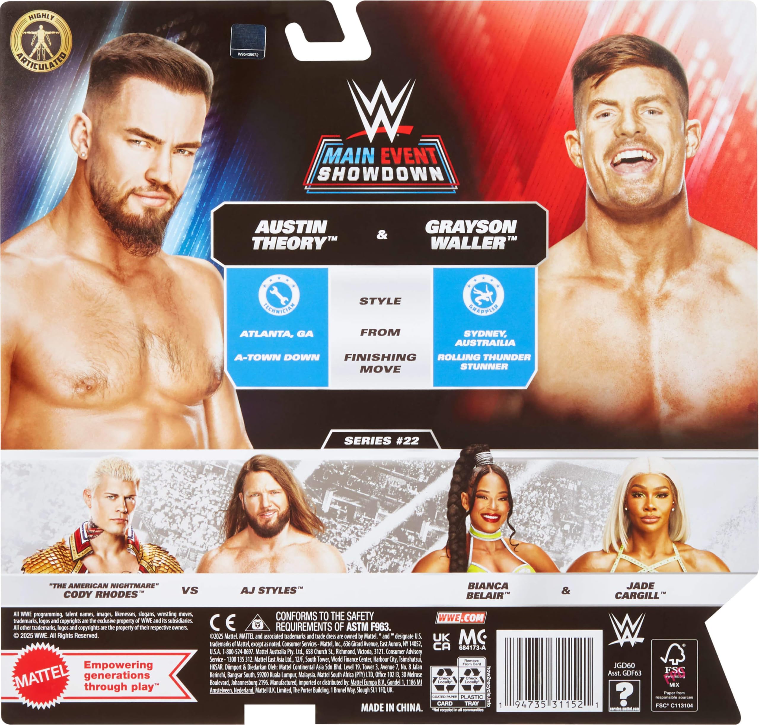 Mattel WWE Main Event Showdown Lot de 2 figurines avec accessoire, série #22 Austin Theory et Grayson Waller à collectionner, 15,2 cm