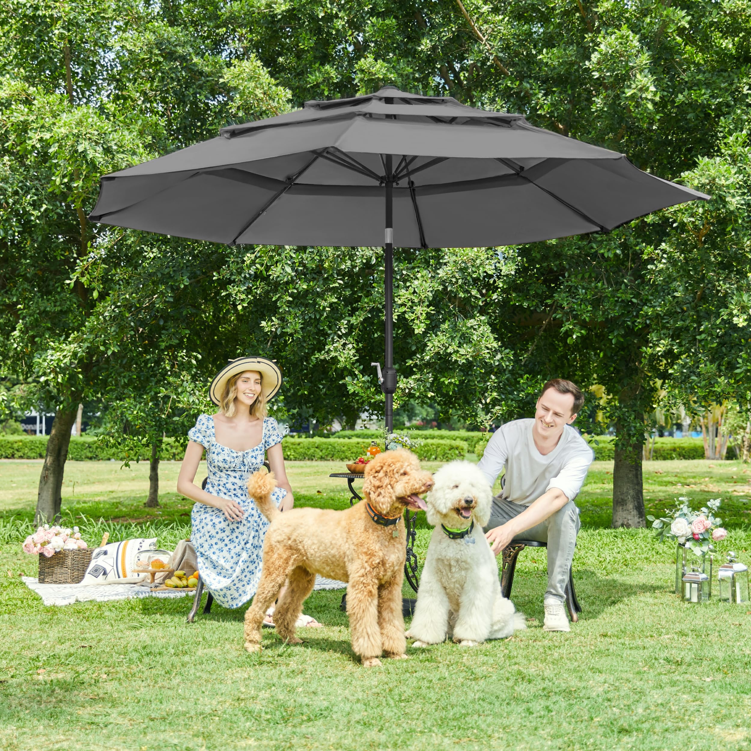 Yaheetech Sombrilla de Jardín 3 Niveles 3.24M Ventilación 8 Varillas Gris | Protección UV,Toldo Inclinable,Tres Niveles de Ventilación,Estructura Metálica Robusta,para Terraza/Patio/Piscina/Restaurante