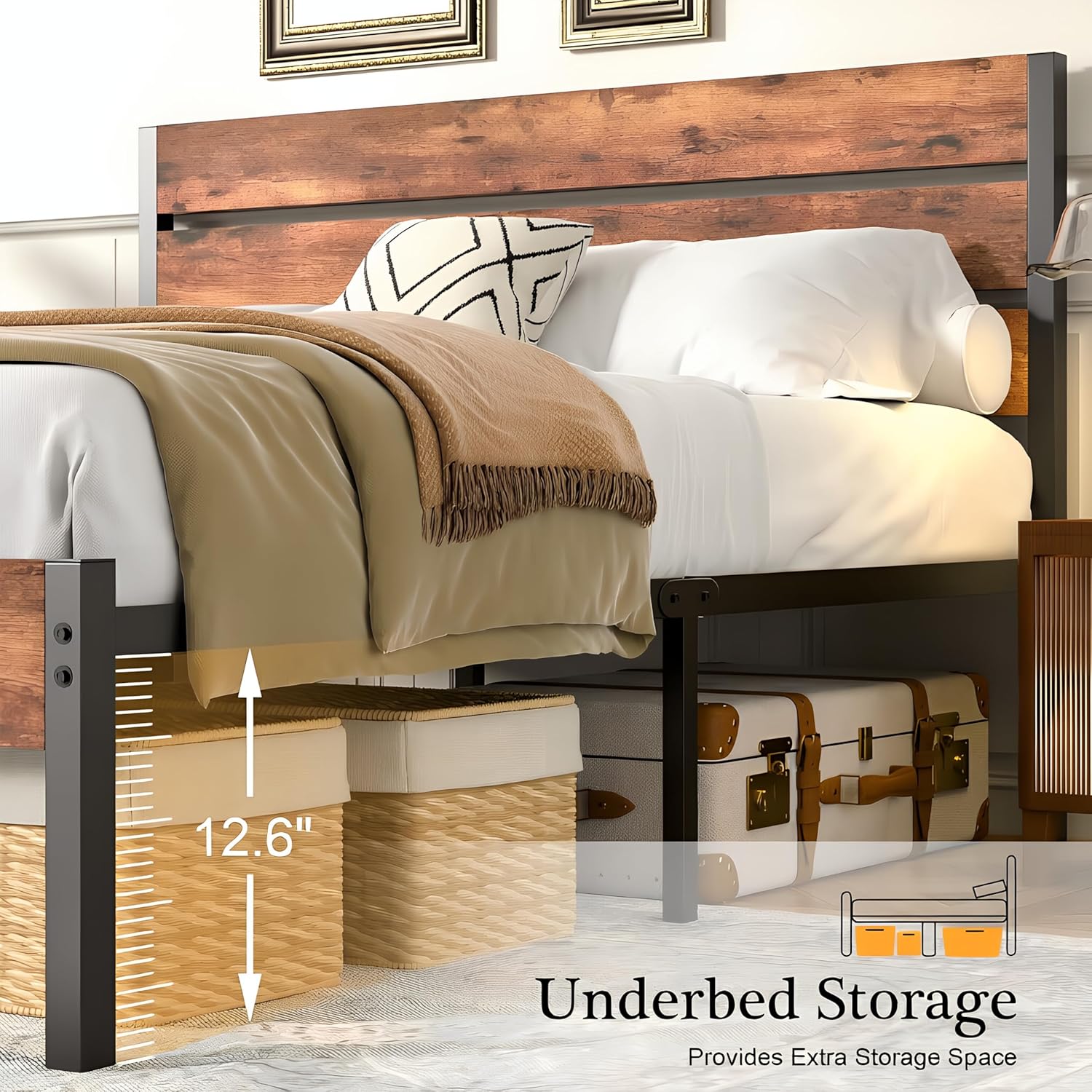 VECELO Queen Size Bed Frame - Heavy-Duty Metal Platform with Wood Headboard, No Box Spring Needed, Antique Brown