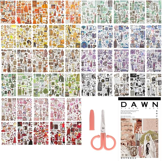 50Pcs Vintage Washi Stickers Set for Journaling, ToyaJeco Modern Style Old Fashion Lady Plants Floral Retro Things Adhesive Sticker, Decorative DIY Decor for Scrapbooking Planner Album (Bright Color)