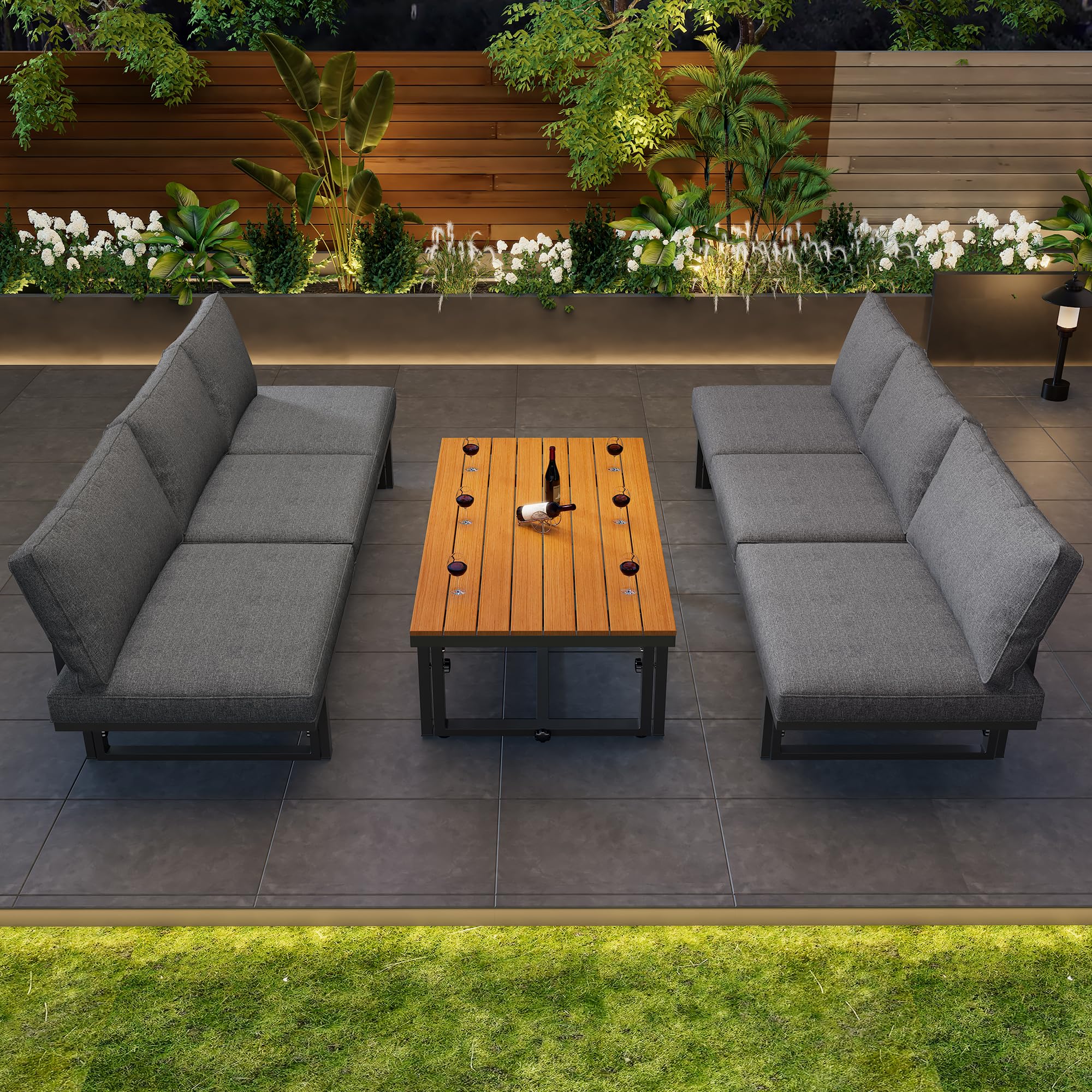 Juego de muebles de jardín de 3 piezas, color gris, con 2 sofás, mesa, estructura de hierro con recubrimiento en polvo, respaldo ajustable, madera de acacia, mesa ajustable, incluye todos los