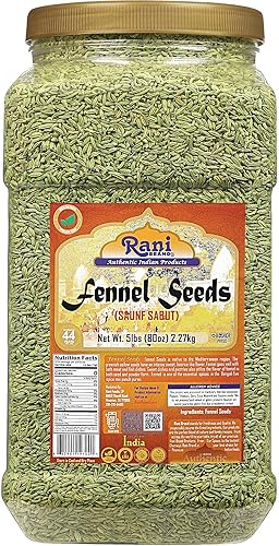 Rani Semillas de hinojo (Saunf Sabut) Especias enteras 80 onzas (5 libras), tarro PET a granel de 5.0lbs, totalmente natural, apto para gluten, sin