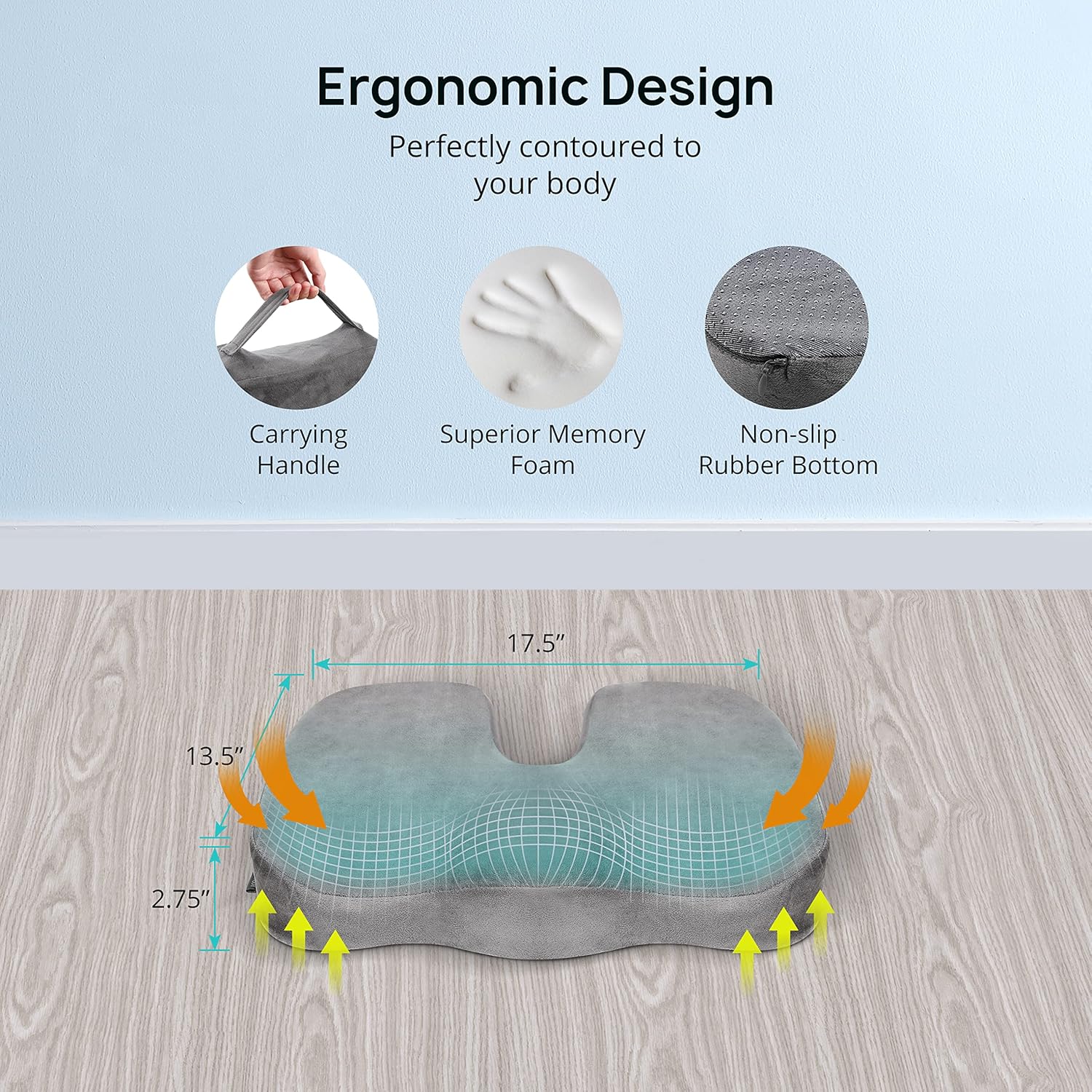 Evajoy Seat Cushion for Office Chair, Gel & Memory Foam Cushion with Ergonomic Design, Carrying Handle, Non-Slip Butt Pillow for Lower Back, Coccyx, Sciatica, Tailbone Pain Relief : Office Products
