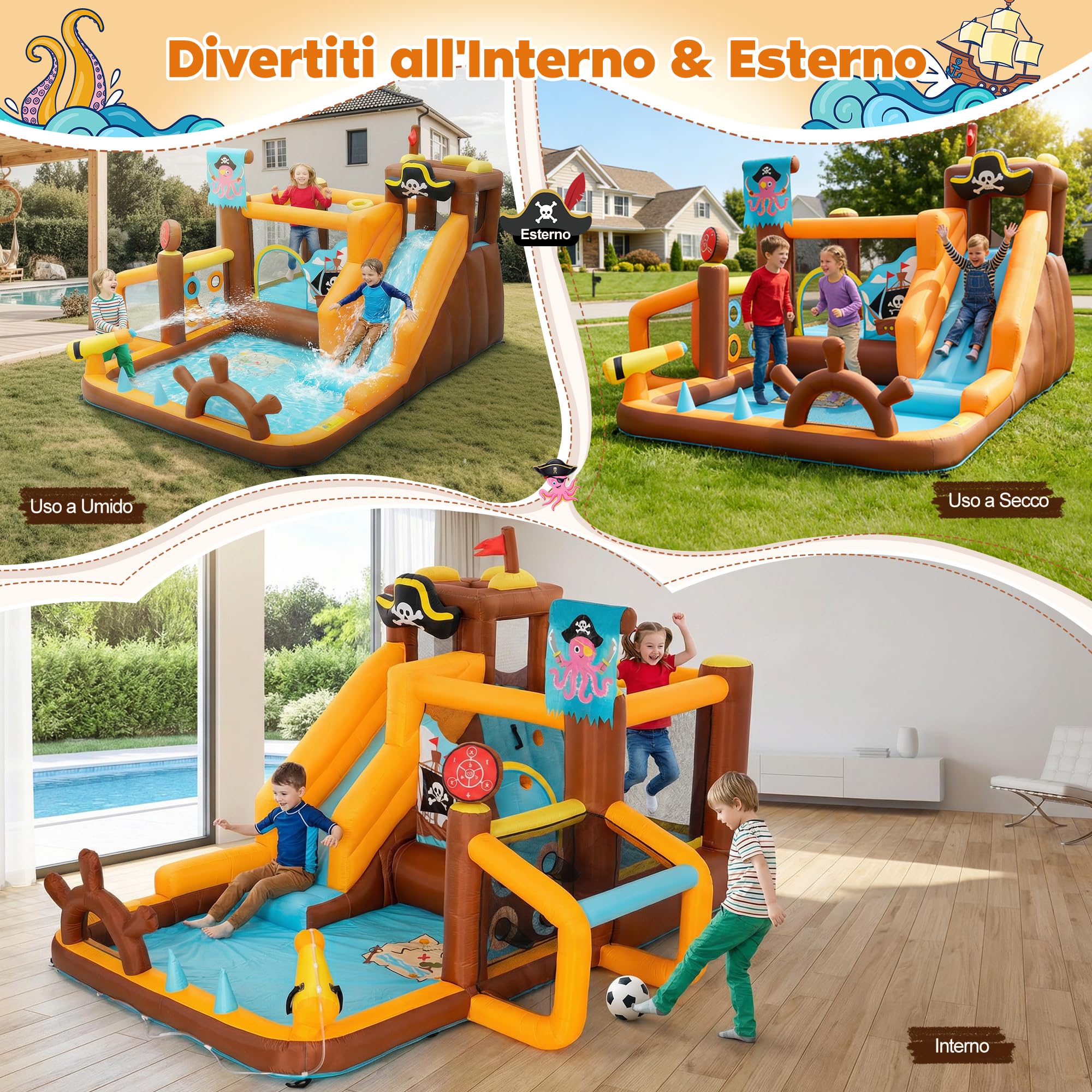 UEV Parco Gonfiabile 394x326x243cm con Unica Tema Navi Pirata | Castelli Gonfiabili con 8-in-1 Giochi per 4 Bambini in 3-8 Anni, Parco Giochi con Soffiatore 450W per Interno ed Esterno