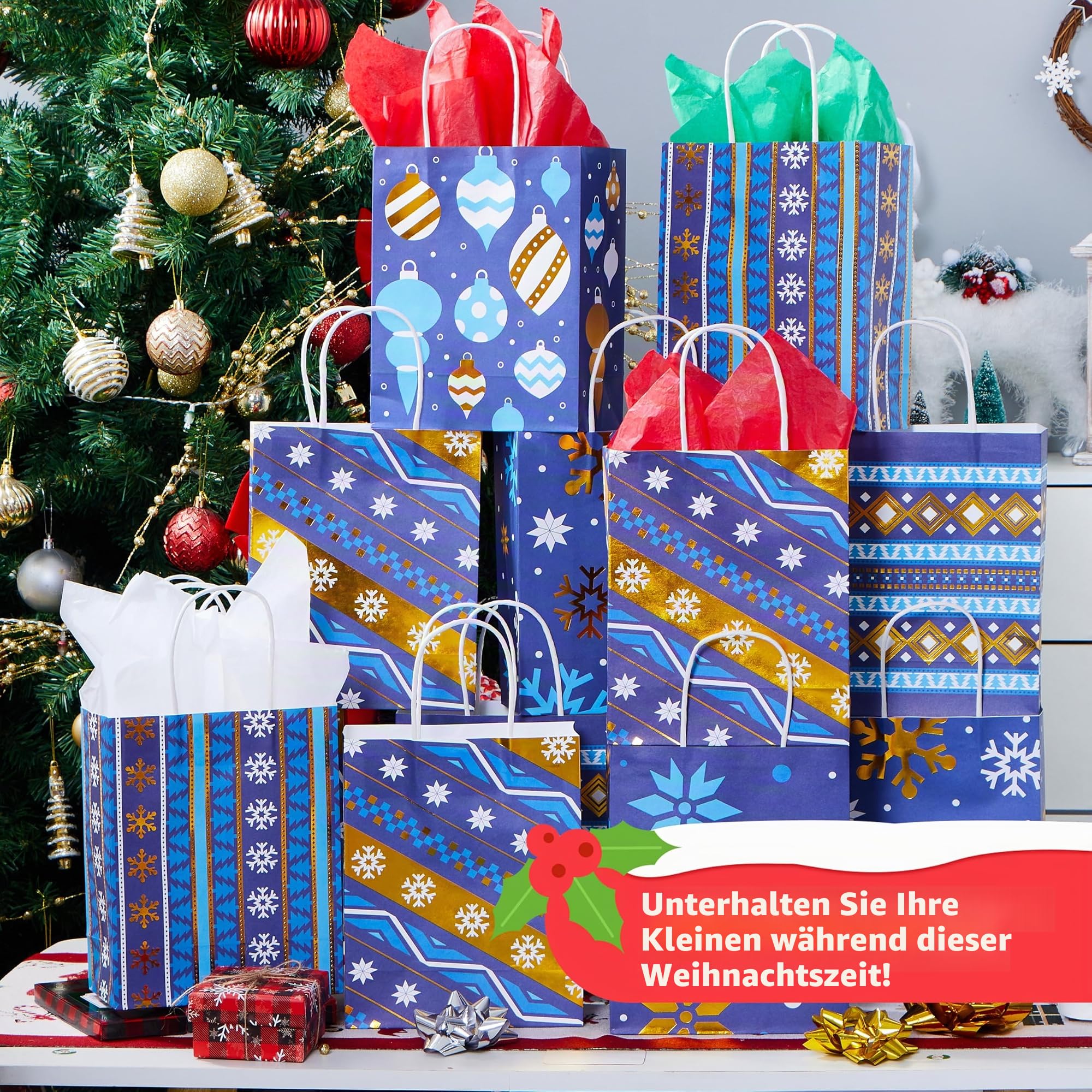 JOYIN 24 Stück Weihnachts-Geschenktüten aus Kraftpapier, für Klassenzimmer und Partygeschenke, Partygeschenke und Dekorationszubehör (blau, 22,9 x 18,9 x 8,3 cm)