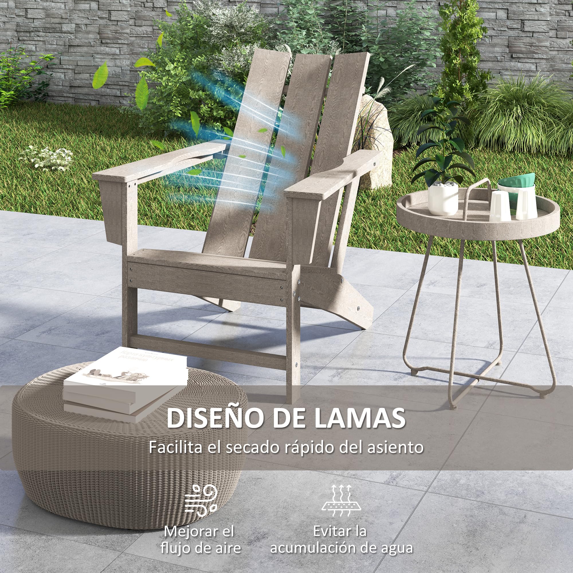 Outsunny Silla Adirondack Exterior con Asiento Extra Ancho Silla de Jardín para Patio Terraza Balcón Soporta 120 kg 75x83x90 cm Gris Oscuro