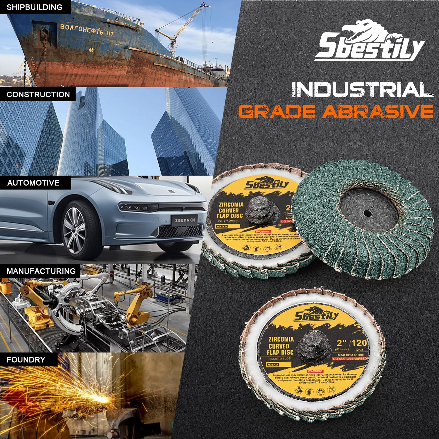 Sbestily Rueda abrasiva de disco de soldadura de filete curvado de circonita de cambio rápido de 2 pulgadas con un diseño trasero macho tipo R para limpieza de acabado y desbarbado (paquete de 10),