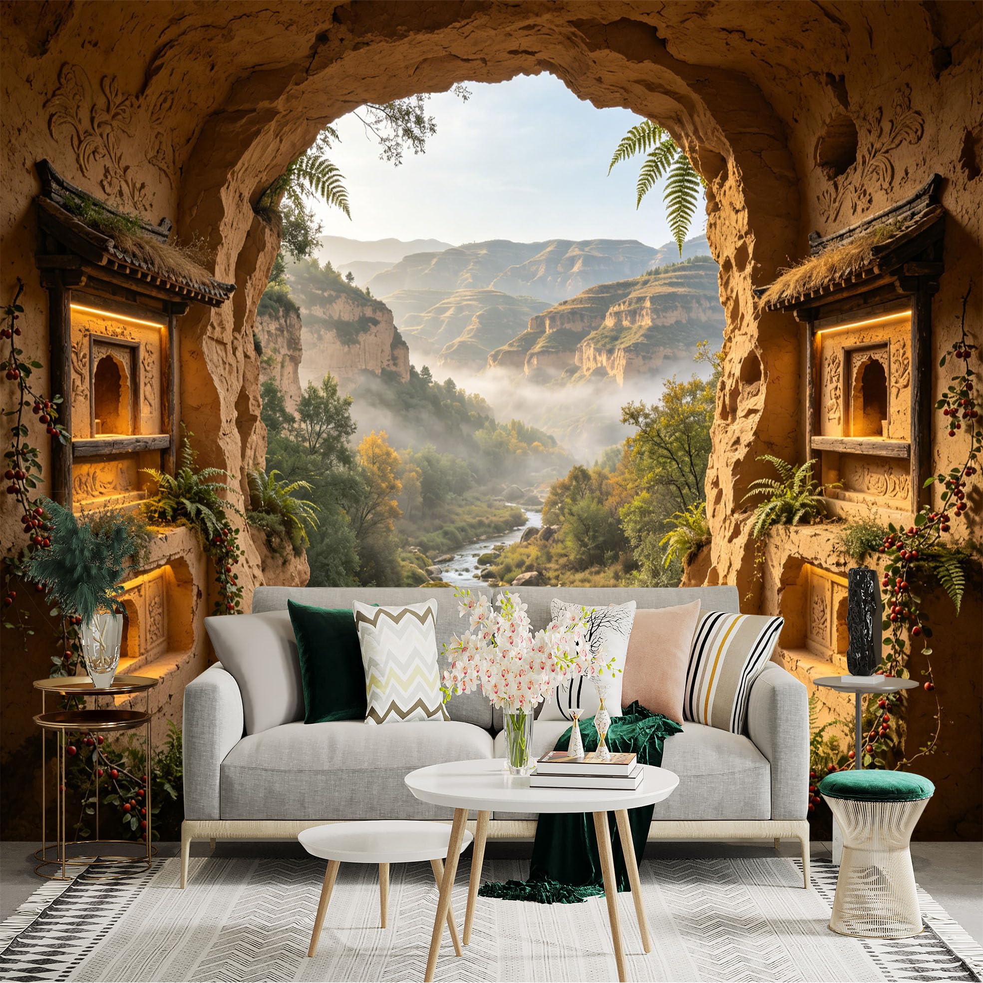 Custom Size Wall Sticker Mural， Ancient Cave Window View with Misty Mountains， River and Ferns， for wall Decoration， peelandstick wall Decals.