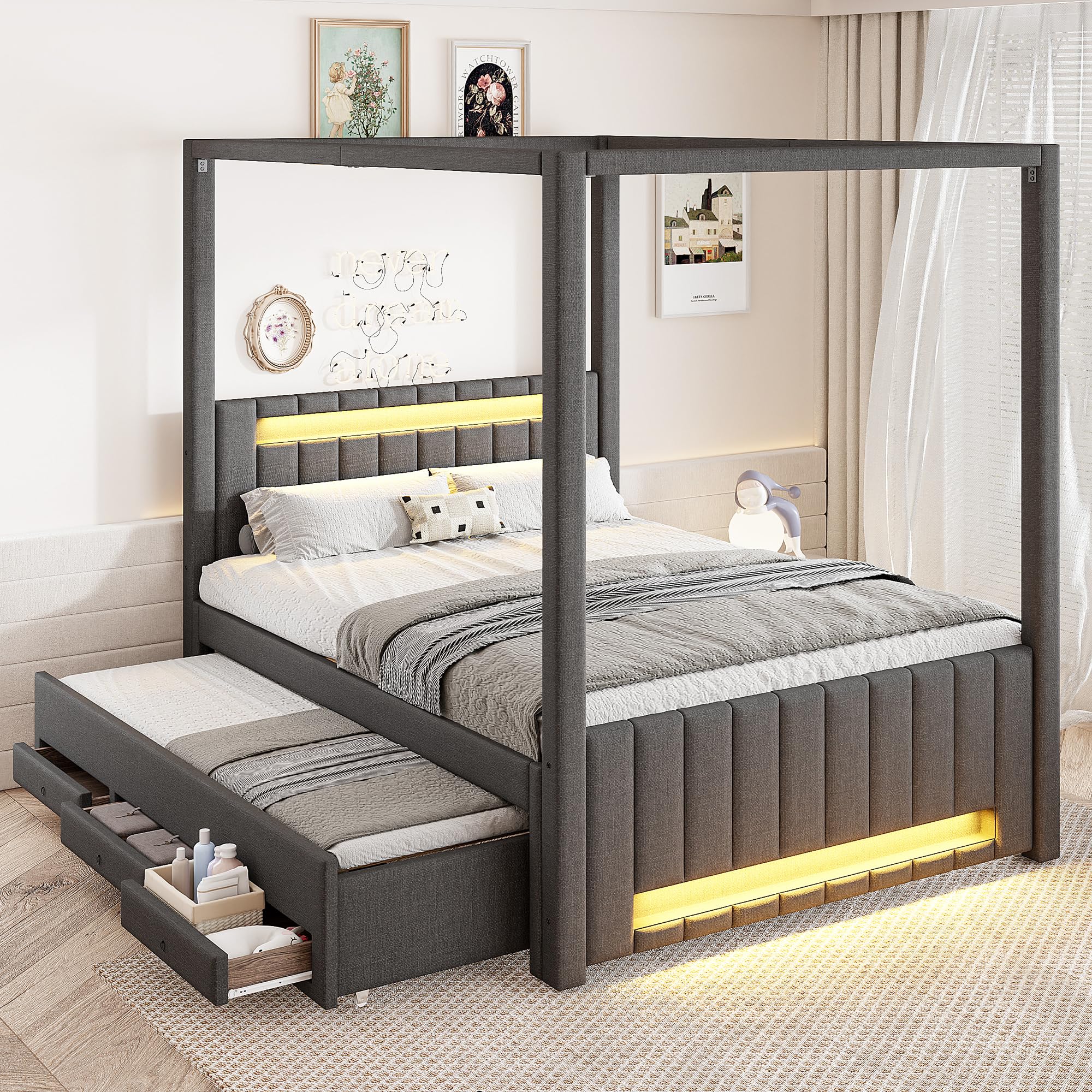 Polsterbett mit LED-Streifen, Stauraum, Lattenrost, Kopfteil, Schubladen und Ausziehbett, Doppelbett, Himmelbett, Leinen (schwarz, 140x200 cm)
