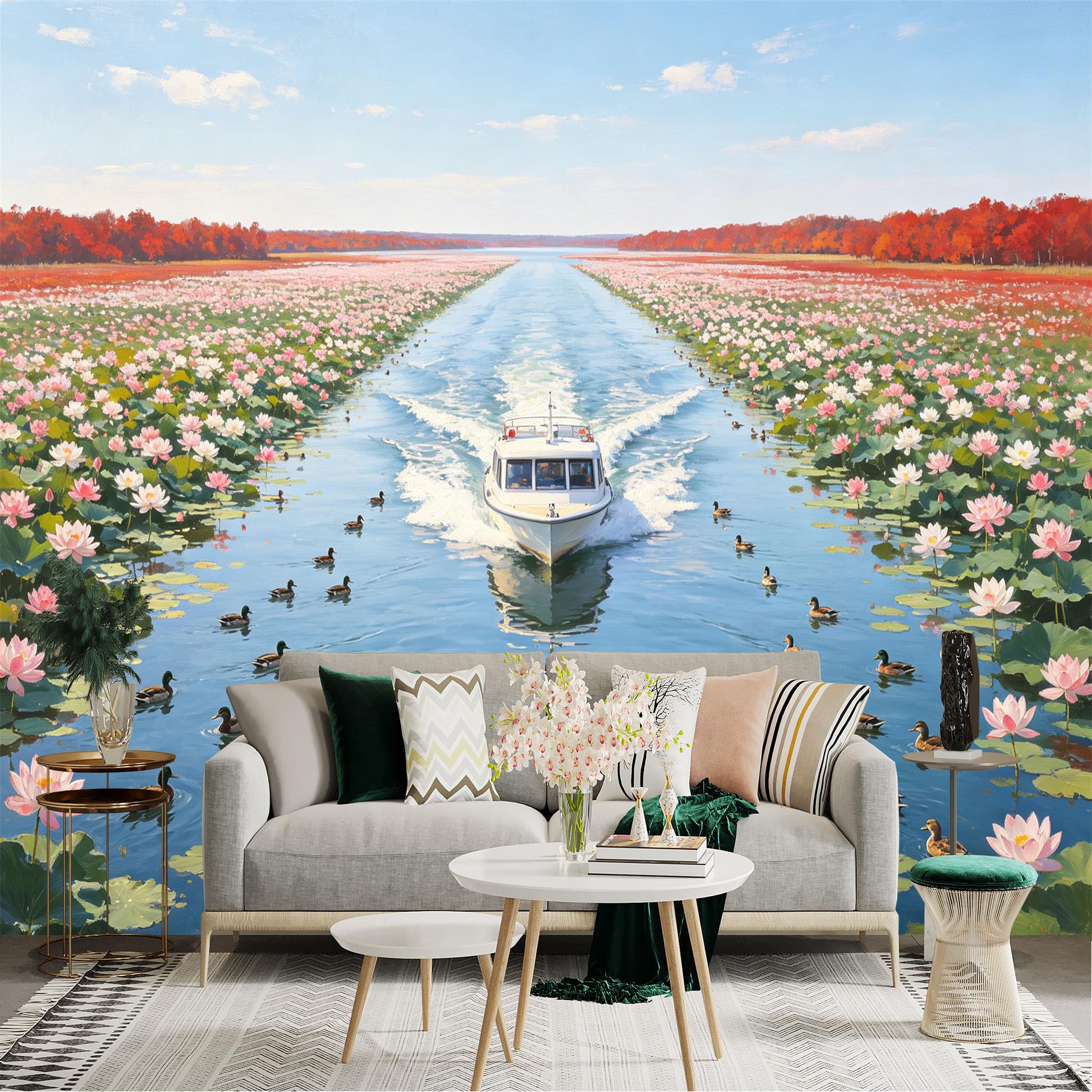 Custom Size Wall Sticker Mural， Speedboat Sailing on River， Pink Lotus Flowers and Ducks， Nature Landscape， for wall Decoration， peelandstick wall Decals.