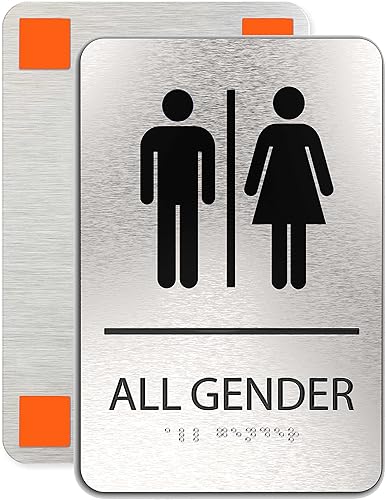 Miniatura 11 de ADASigns - Letrero unisex para baño, aluminio cepillado duradero de 6 x 9 pulgadas con Braille, fácil instalación con cinta adhesiva fuerte, Baño