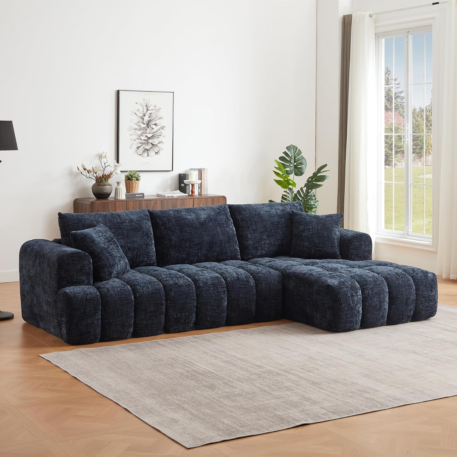 108.3" Chenille Luxury Sectional Oversized Sofa,Mnimalist L-Shape Couch with 2 Pillow,Comfortable Chaise Lounge,No Assembly Required,for Living Room,Reception Area,Dark Blue+Right Recliner