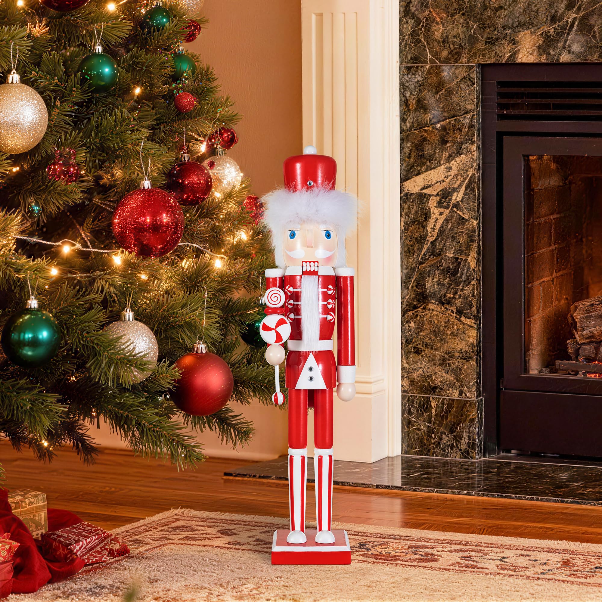Glitzhome 24.25" H Wooden Christmas Nutcracker Ornaments Peppermint Nutcracker Figurine Christmas Table Decor Traditional Christmas Decor for Tables Desktop Porch Holiday Festive