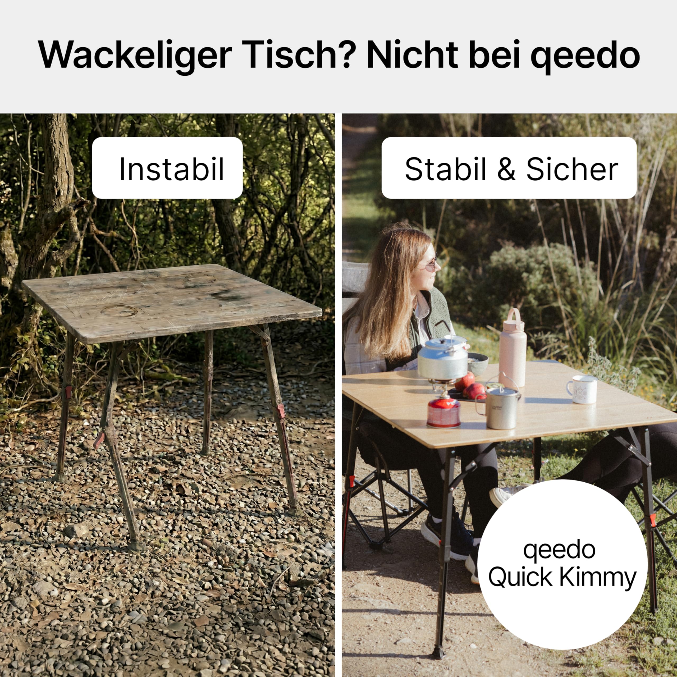 qeedo Quick Kimmy Campingtisch - klappbarer Bambus Tisch höhenverstellbar 43 bis 70 cm - Faltbarer Campingtisch mit Tragegriff & Packtasche - Stabiler Outdoor Tisch für Camping, Garten und Picknick