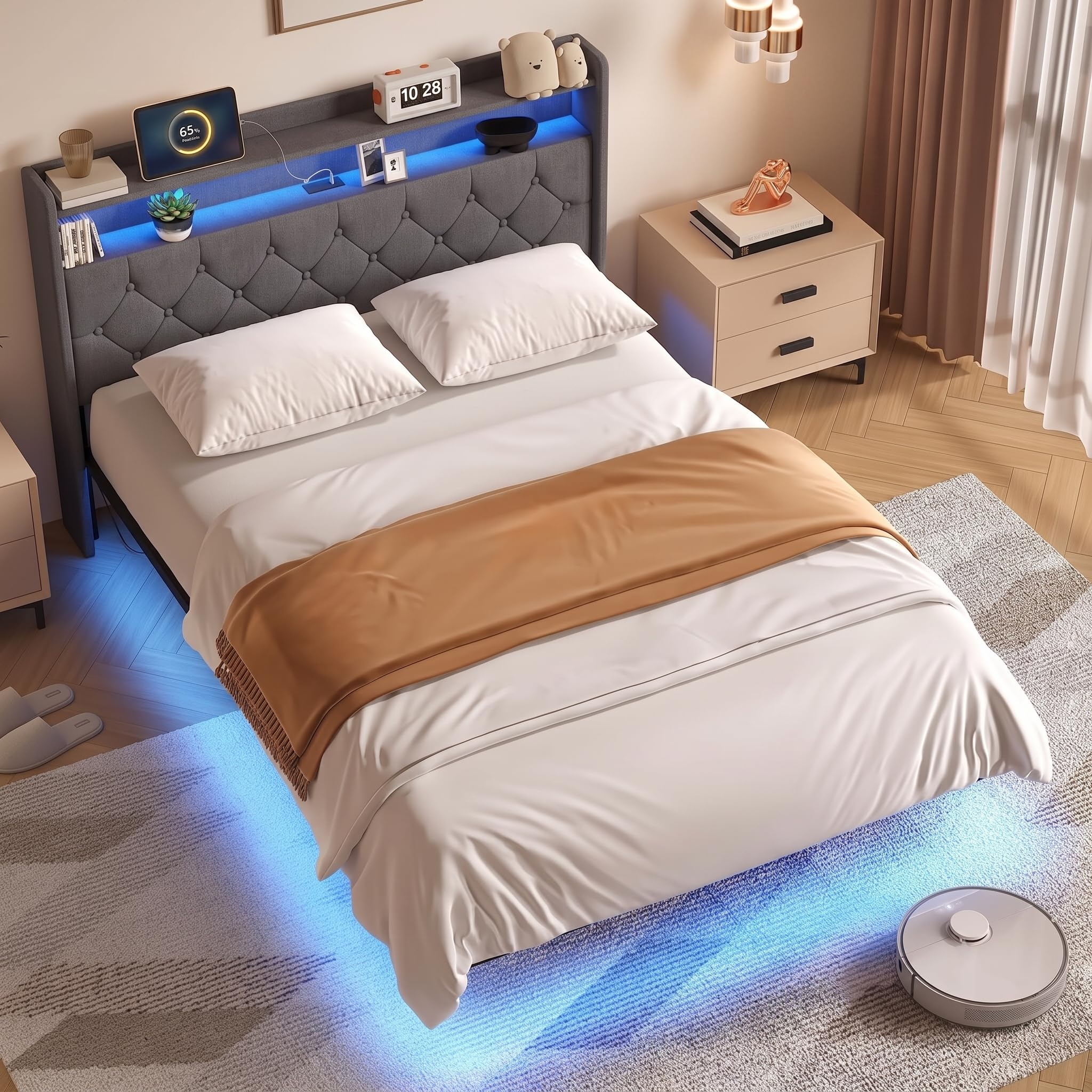 Xbro Cama 140x200 cm con Flotante，Cama Tapizada con Iluminación LED y Estación de Carga (USB/Enchufe), Cabecero Acolchado con Espacio de Almacenamiento, Somier, Gris Oscuro(Sin Colchón)