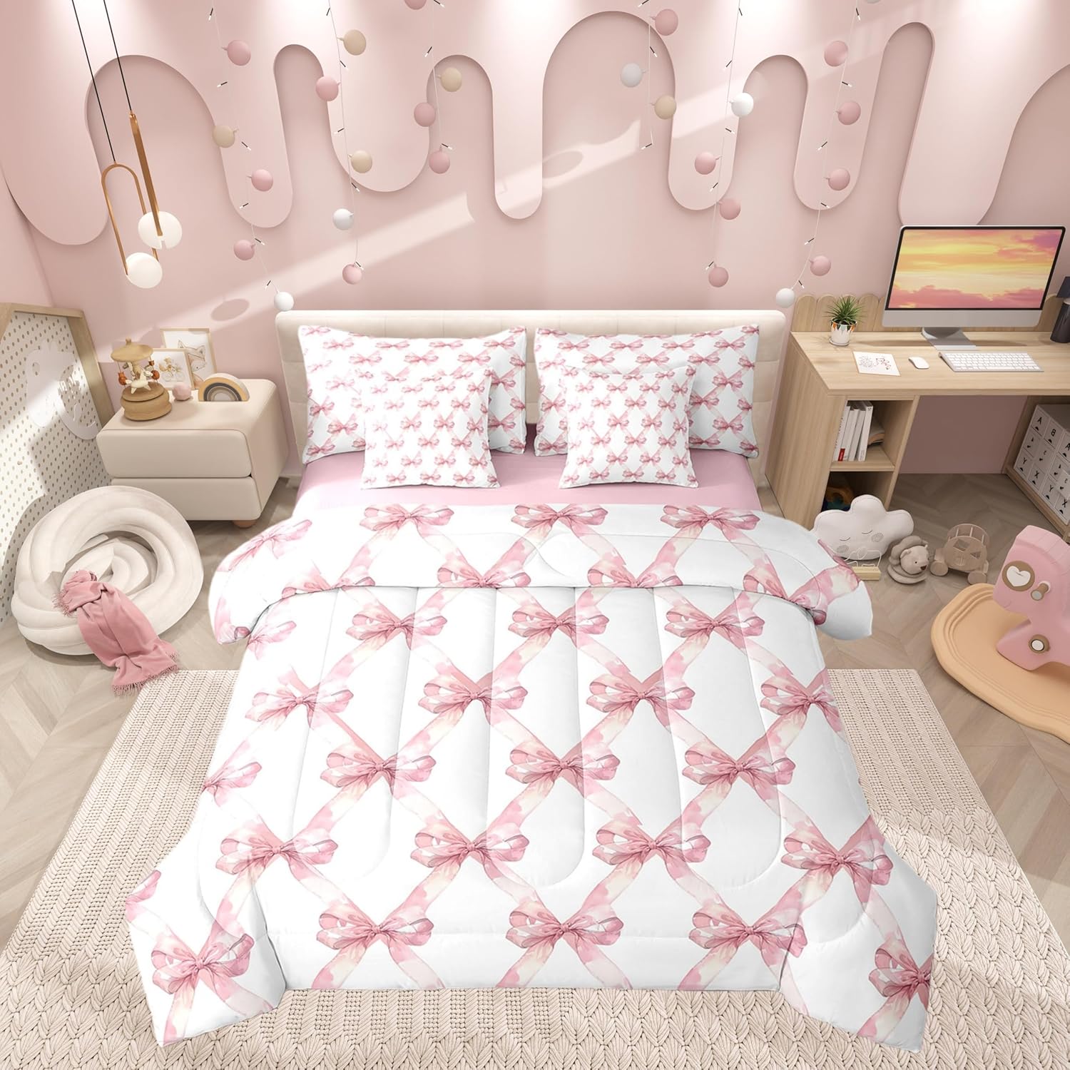 Manfei Pink Bowknot Comforter Set Queen Size,Dreamy Princess Style Bedding Set,Watercolor Bow Geometric Grids Patchwork (Comforter+Fitted+Flat Sheet+2 Pillowcases+2 Throw Pillow Covers) 7 Pcs