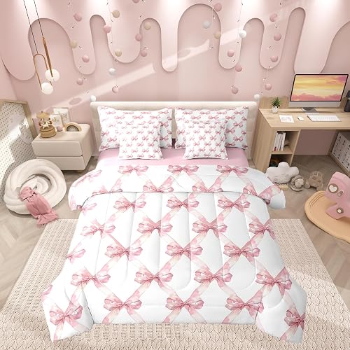 Manfei Pink Bowknot Comforter Set Queen Size,Dreamy Princess Style Bedding Set,W