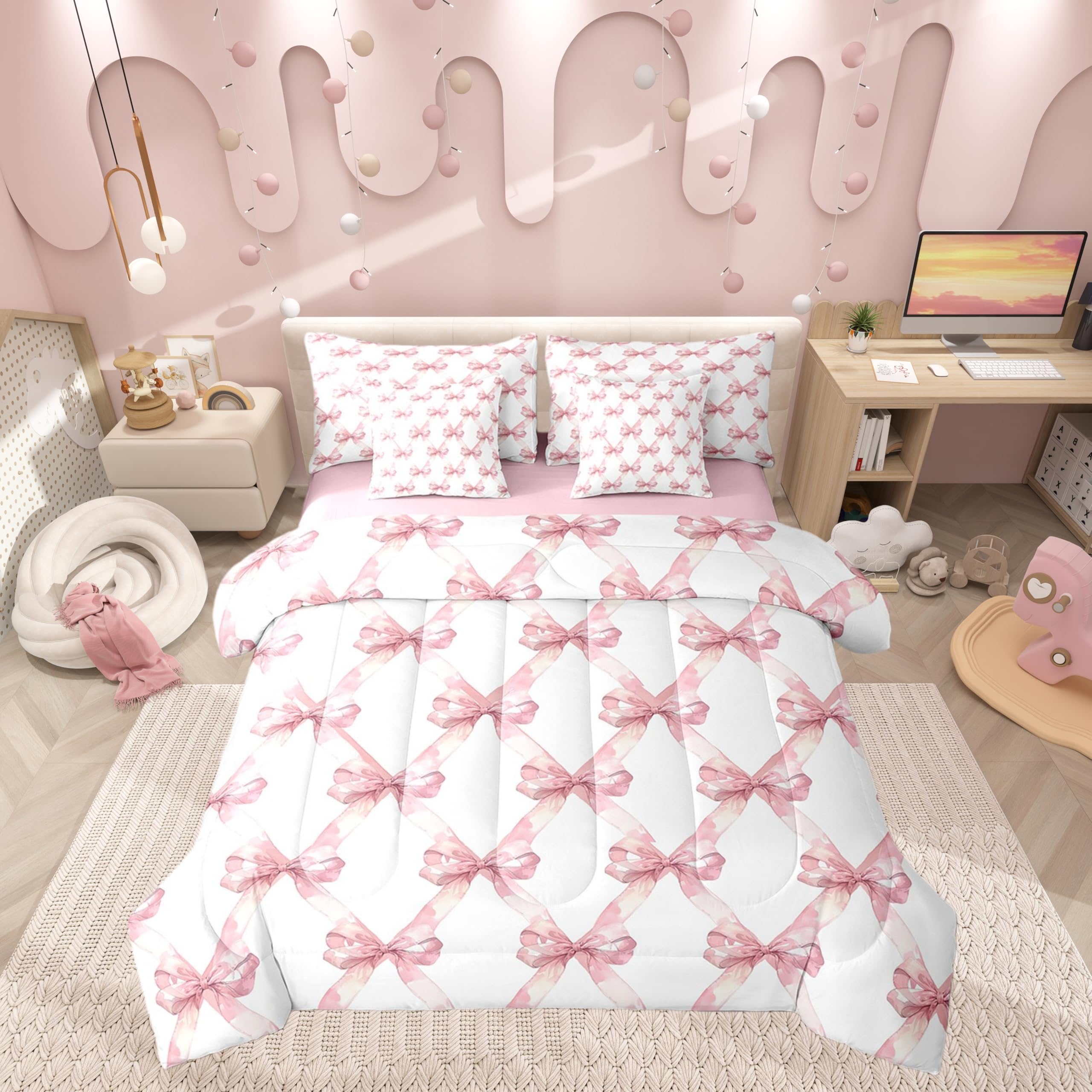 Manfei 7 Pcs Pink Bowknot Comforter Set,Dreamy Princess Style Bedding Set,Watercolor Bow Geometric Grids Patchwork(Comforter+Fitted+Flat Sheet+2