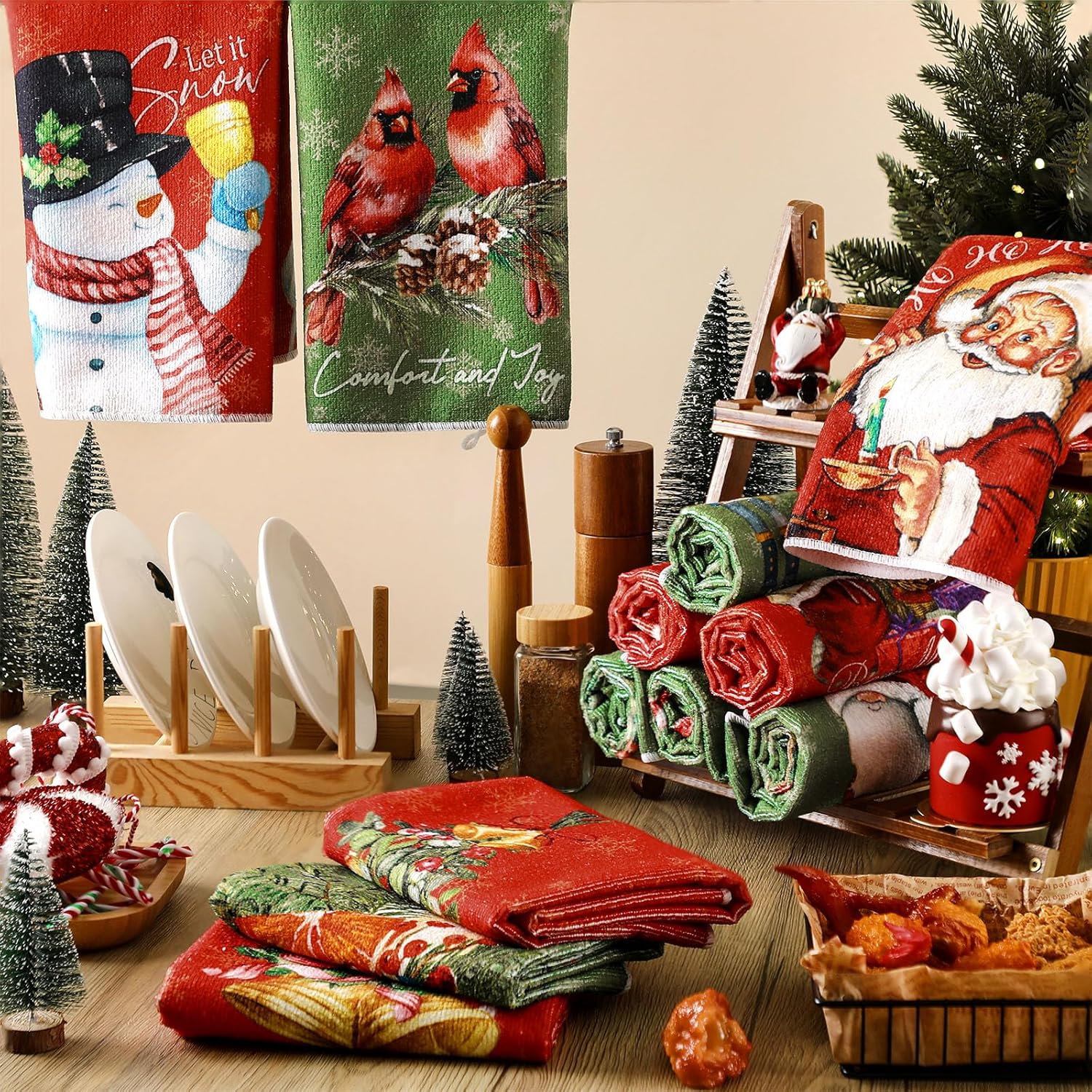 VitalCozy 12 Pcs Christmas Kitchen Towels Red and Green Christmas Tree Nutcrackers Hand Towels Santa Claus Dishcloths Snowman Cardinal Decoration for Xmas Home Gift Supplies, 14.2 x 21.3 Inch