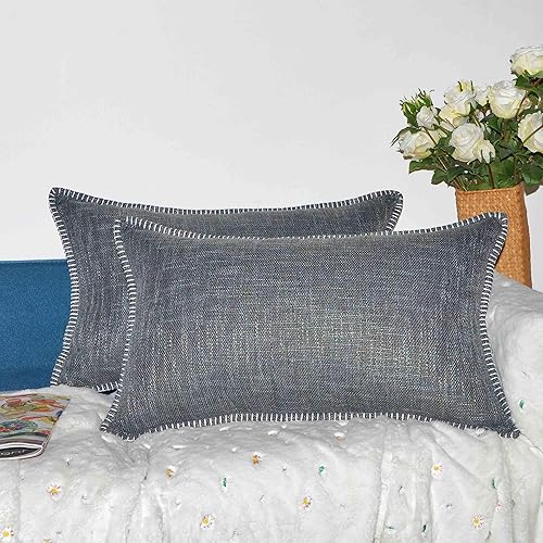 Juego de 2 fundas de almohada de 12 x 20 pulgadas con ribete cosido a mano, de lino y algodón, para decoración del hogar, para sofá, dormitorio,