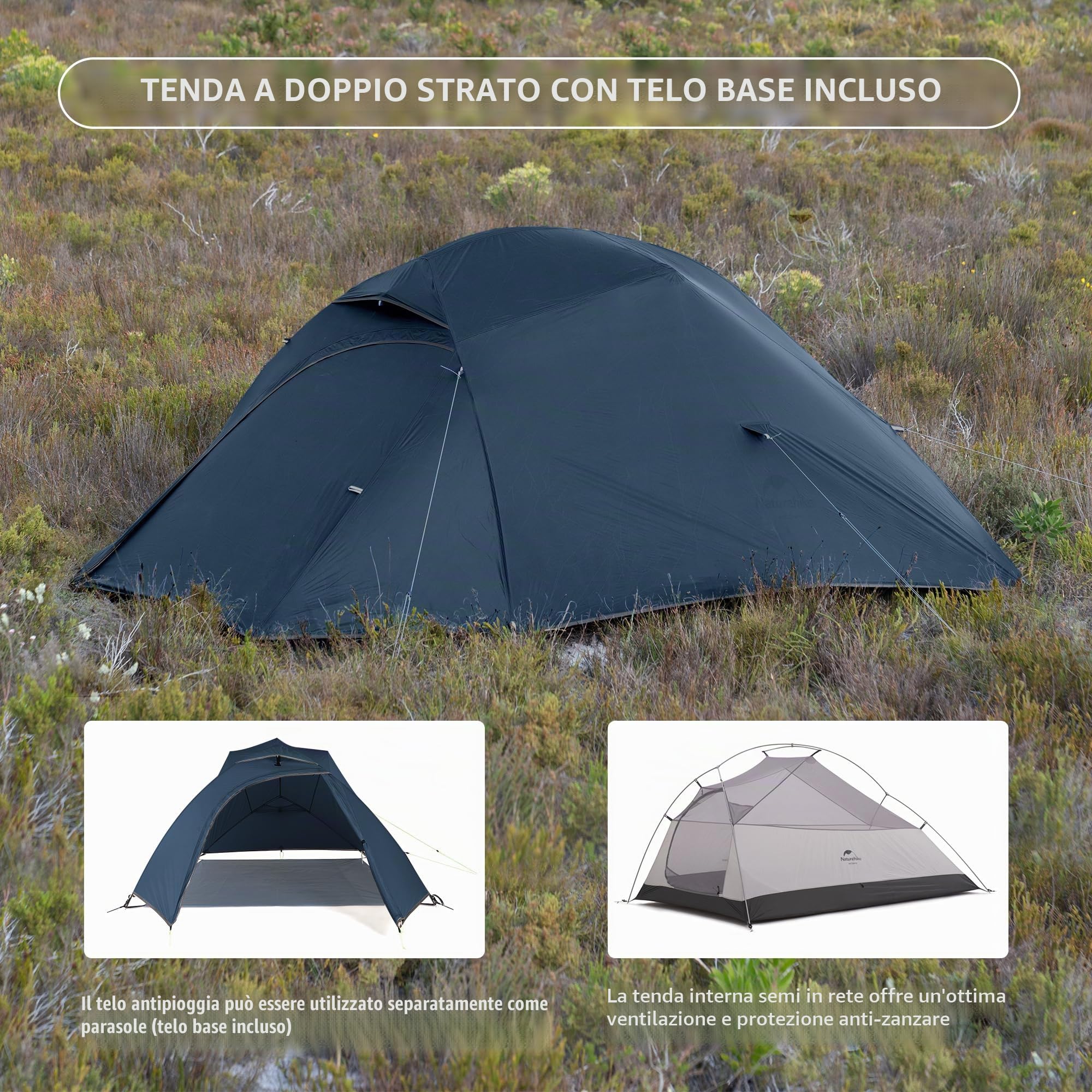 Naturehike Cloud-Up 3 Tenda Ultraleggera 3 Persone Tenda Zaino in Spalla per Escursionismo Campeggio All'aperto (20D Navy Blue Upgrade)