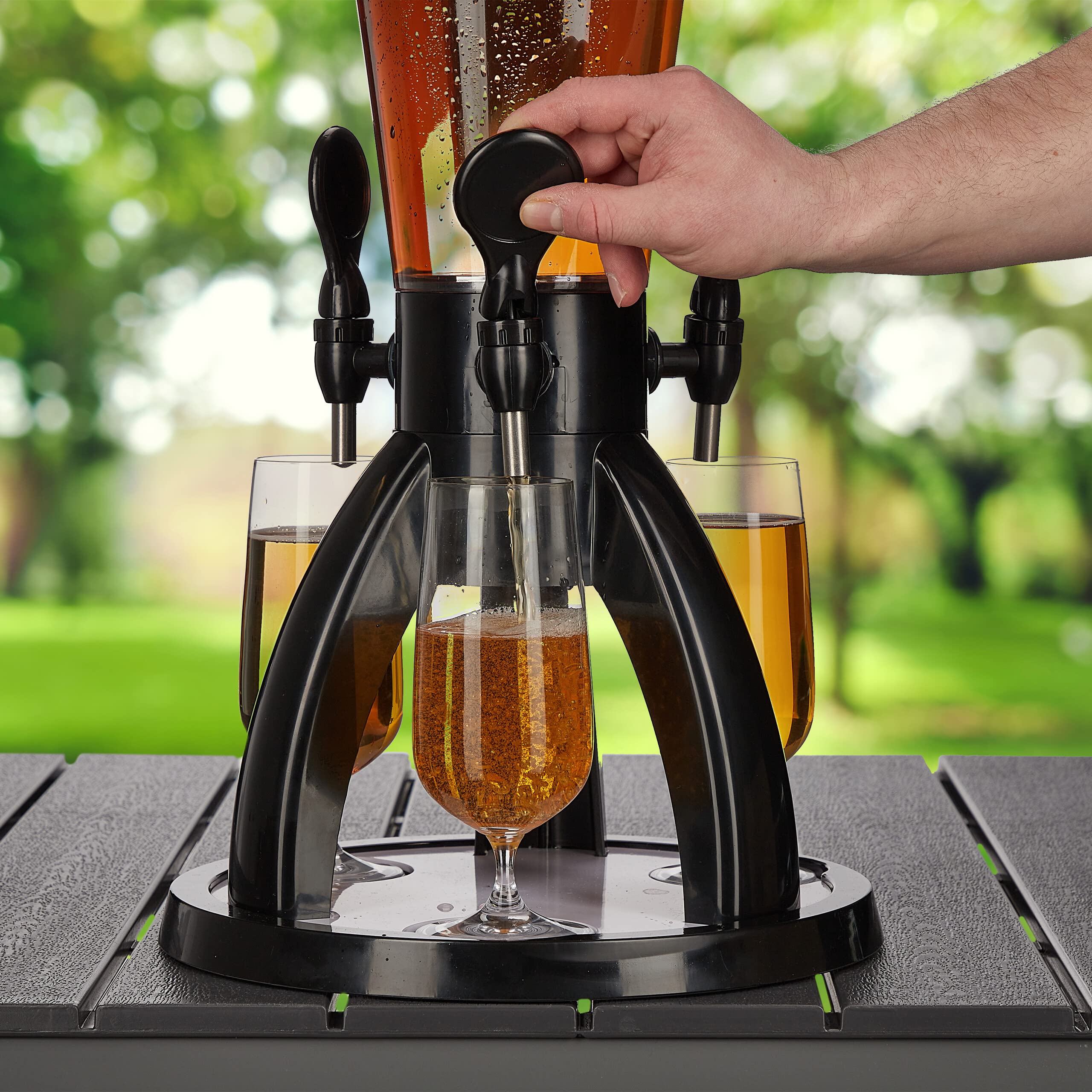Relaxdays Torre de Cerveza con 3 Grifos, 4 L, Dispensador de Bebidas con Enfriador, Beer Tower, Transparente y Negro