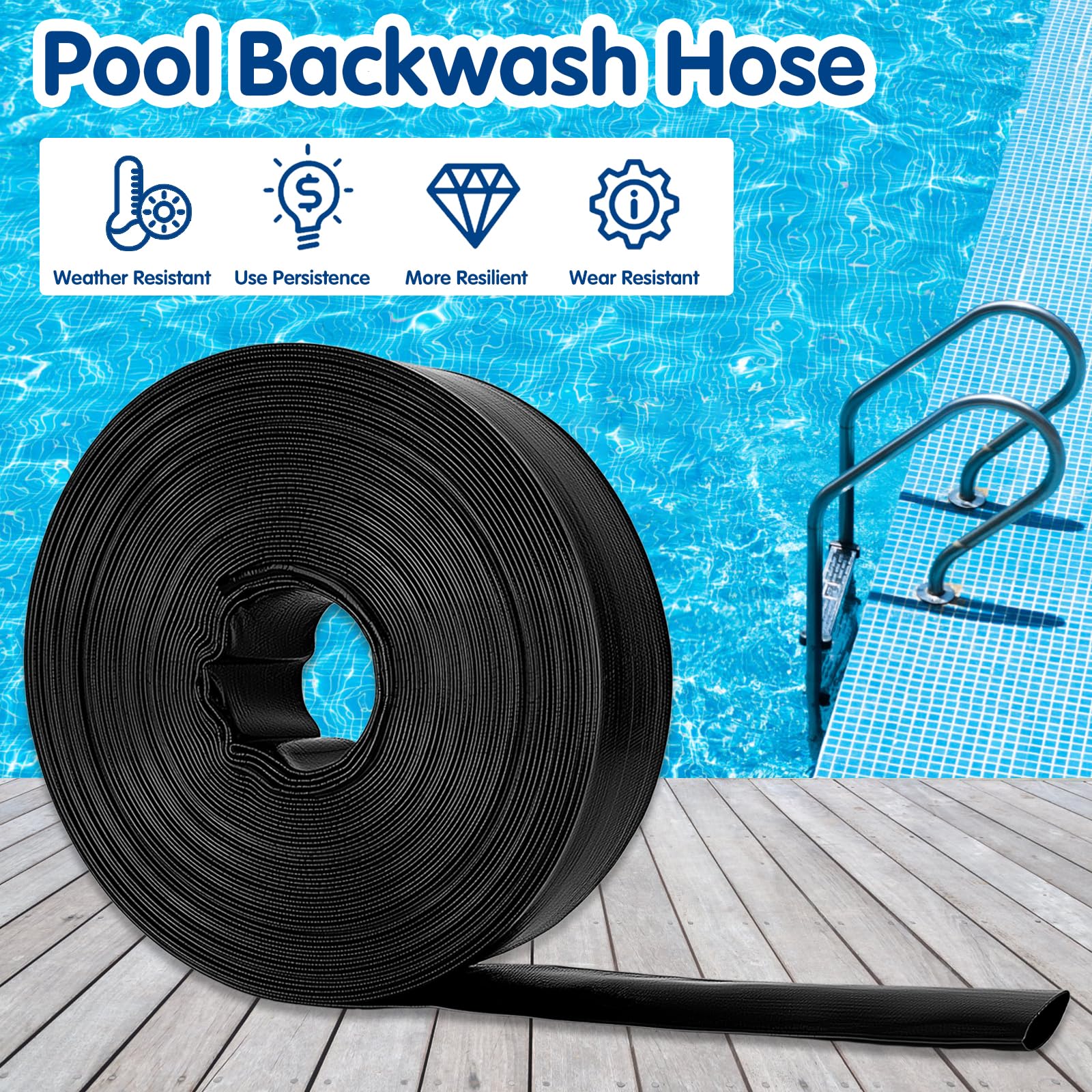 Manguera de retrolavado de piscina de 2 pulgadas x 100 pies, manguera de drenaje de piscina resistente, color negro (100 pies)