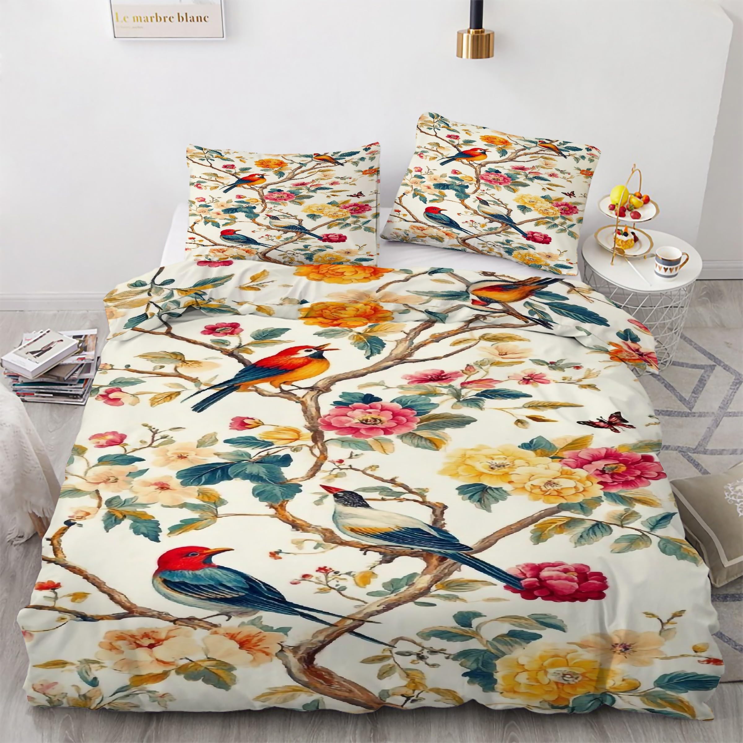 Housse couette en microfibre douce 200x200 fleur oiseau lit 2 personnes