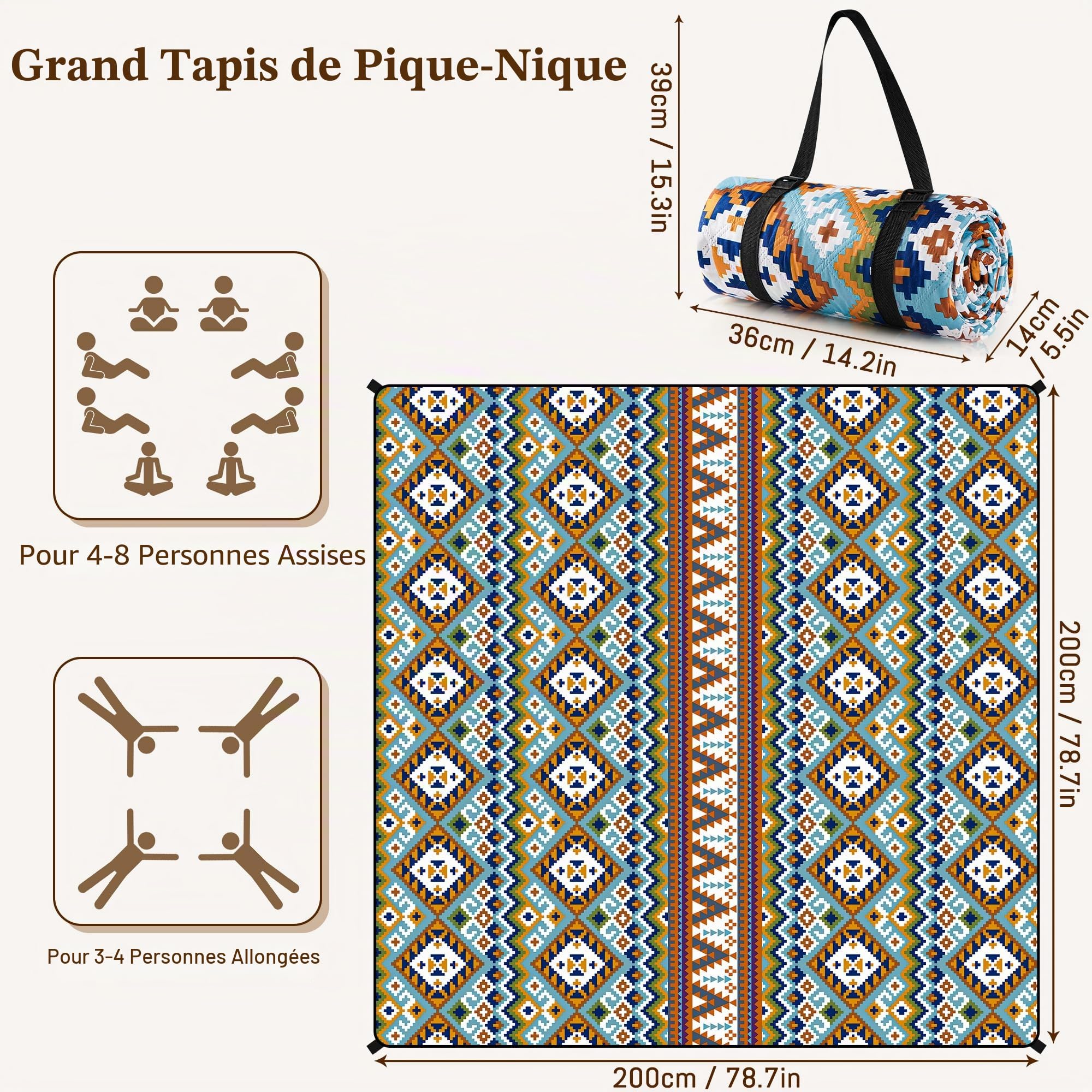 Gucass Couverture de Pique-Nique Boho, 200 x 200 cm Tapis de Pique-Nique Imperméable Lavable, Tapis de Picnic sans Sable, Pliable Portable Couverture de Plage pour Camping, BBQ, Jardin, Voyage