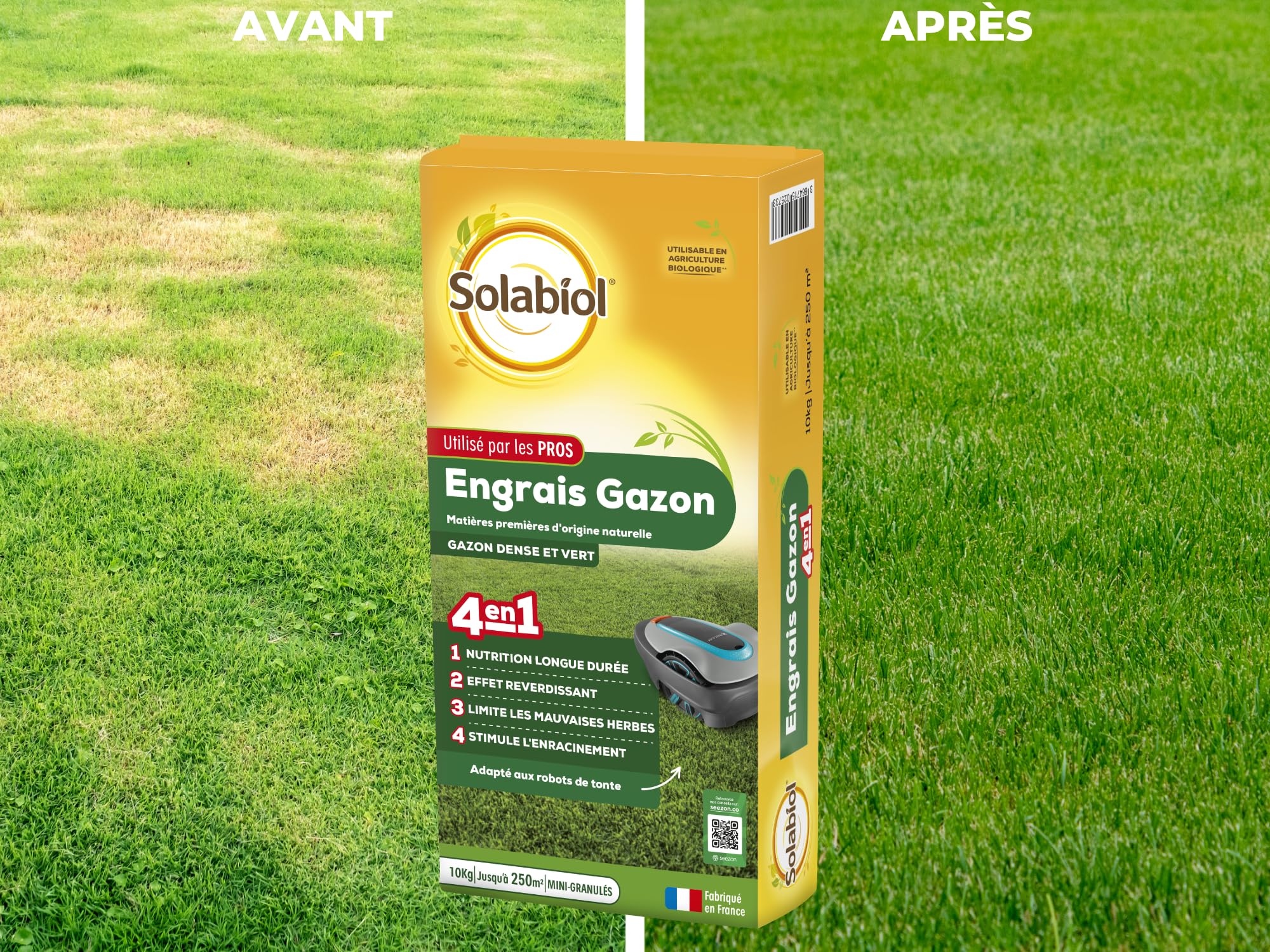 SOLABIOL Engrais Gazon 4 En 1 30Kg Jusqu'à 750m² Nutrion Longue Durée Effet Reverdissant