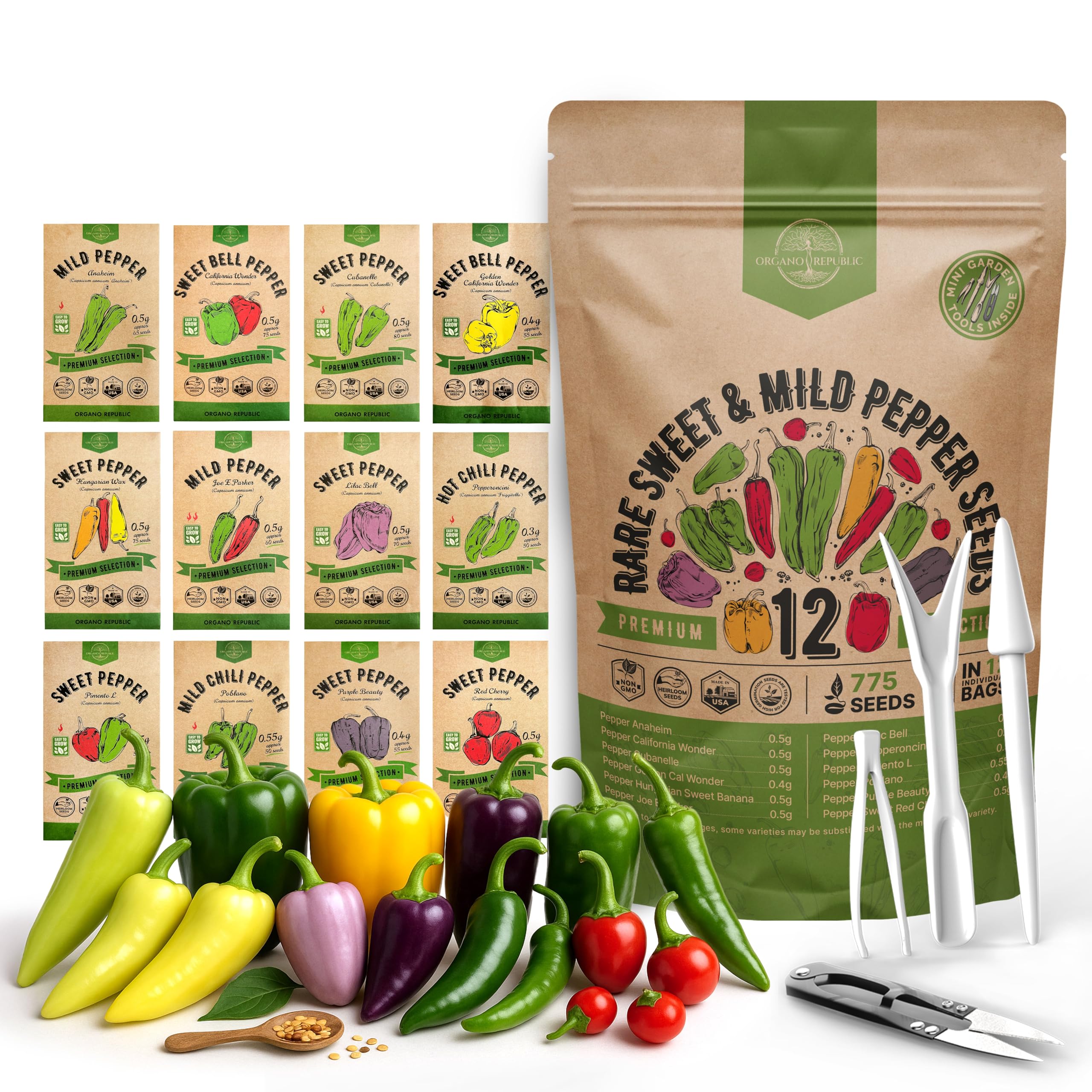 Organo Republic 12 Rare Sweet & Mild Pepper Seeds Variety Pack