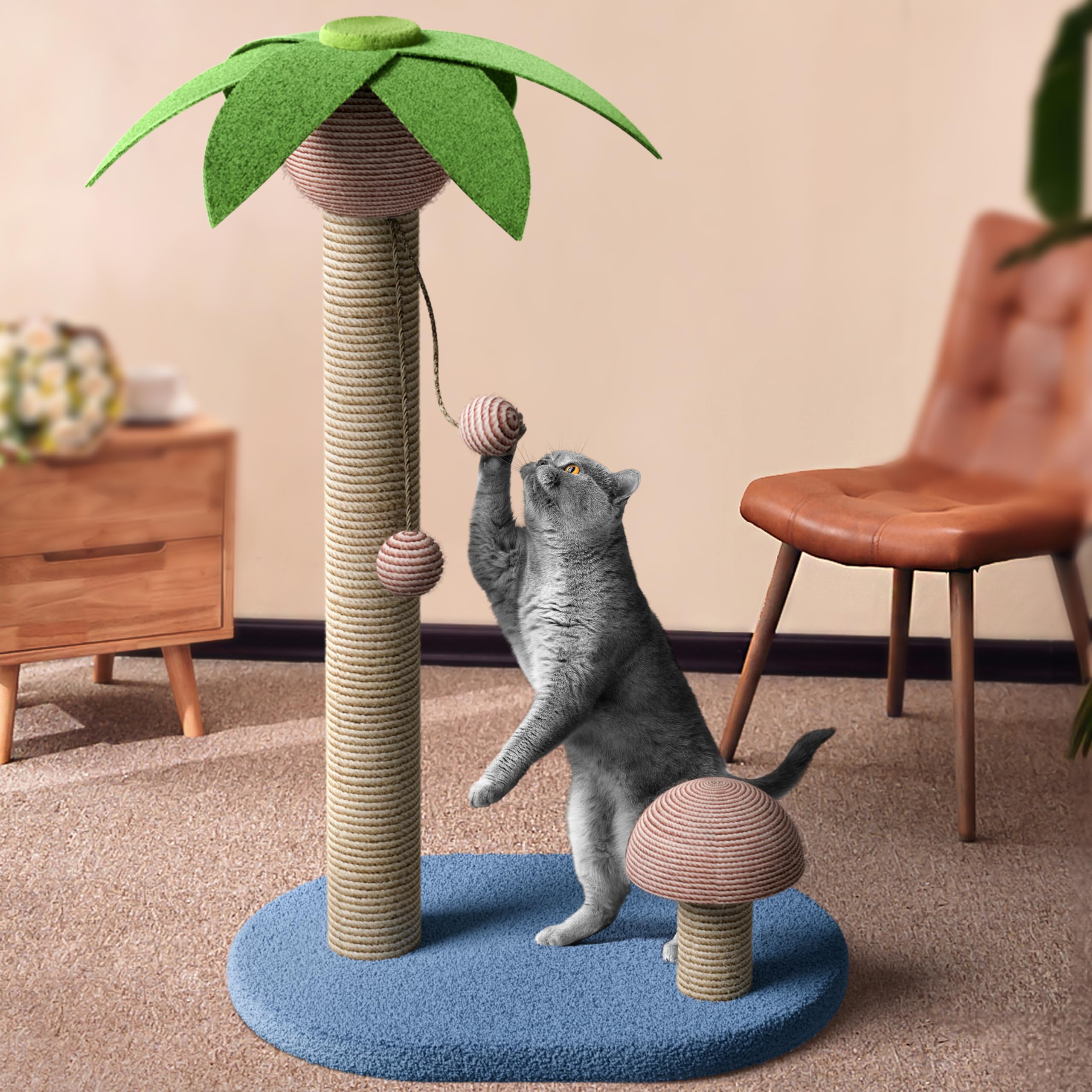 Western Home Large Cat Scratching Post, 32“ Tall Cat Scratching Posts with Double Cat Scratcher, Palm Tree Scratching Posts for Indoor Cats Adult with Hanging Balls