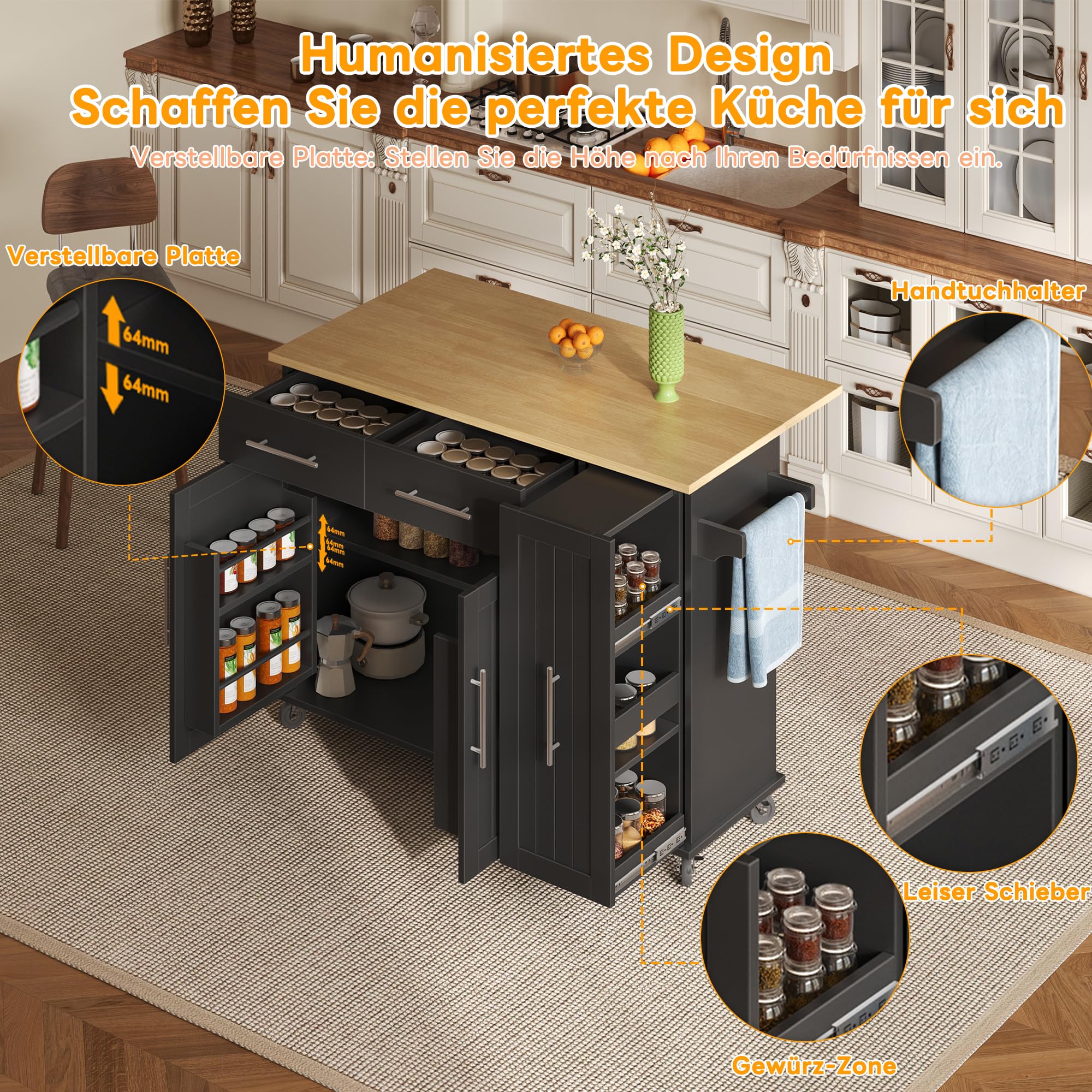 Merax Kücheninsel mit Klappbarer Arbeitsplatte, Kitchen island mit 5 Rollen, 2 Schubladen, Tier Pull Out Cabinet, Handtuchhalter und Gewürz, Küchenwagen, Küchenschrank für Küche, 120×65×90cm (Schwarz)