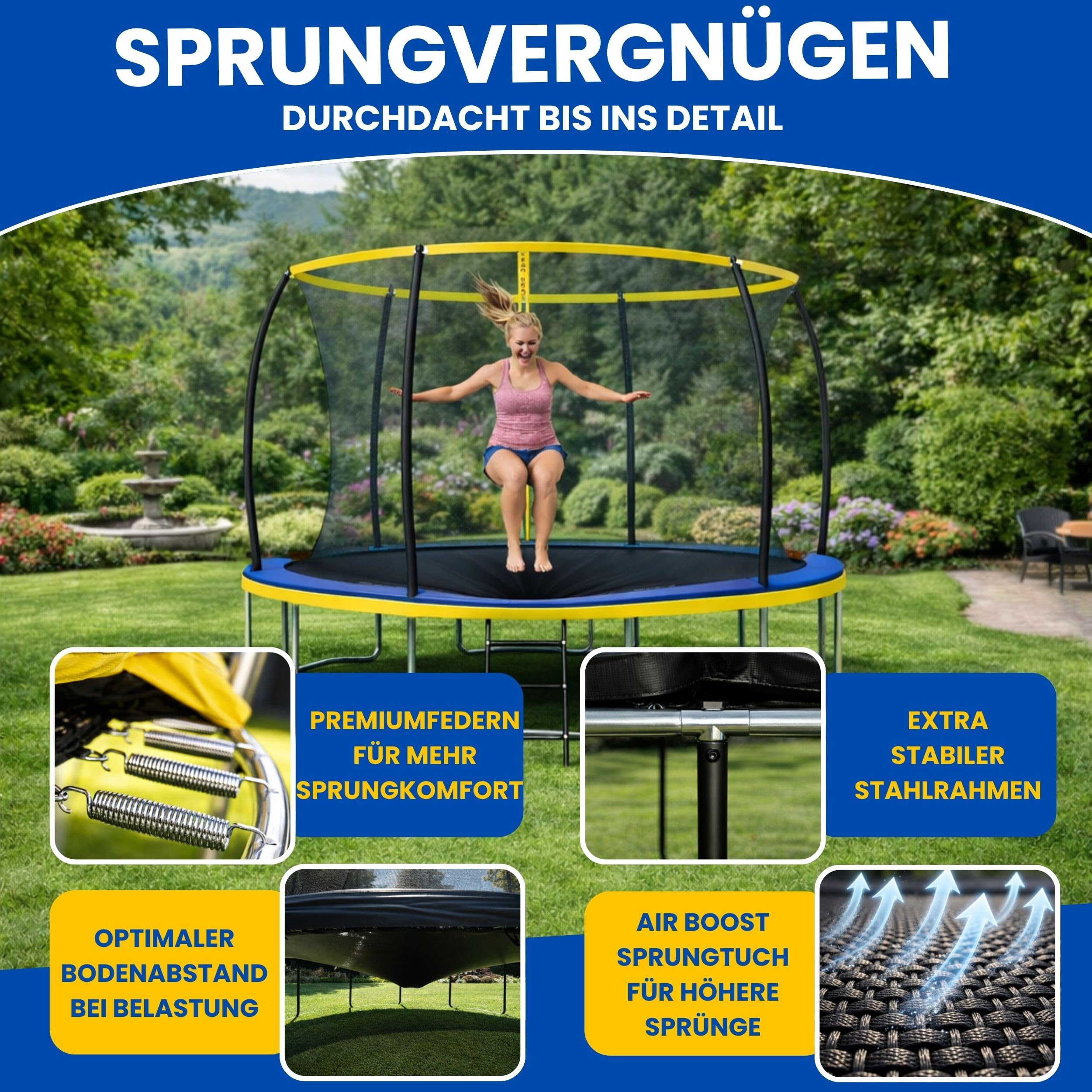 Zero Gravity Trampolin Outdoor Ø 183/244/305/366/427 cm, TÜV GS, Smartes Klappnetz für schnellen Auf- und Abbau, Outdoor Trampolin Komplett-Set inkl. Leiter, Aufbauvideo, Ultima 4 Modelle